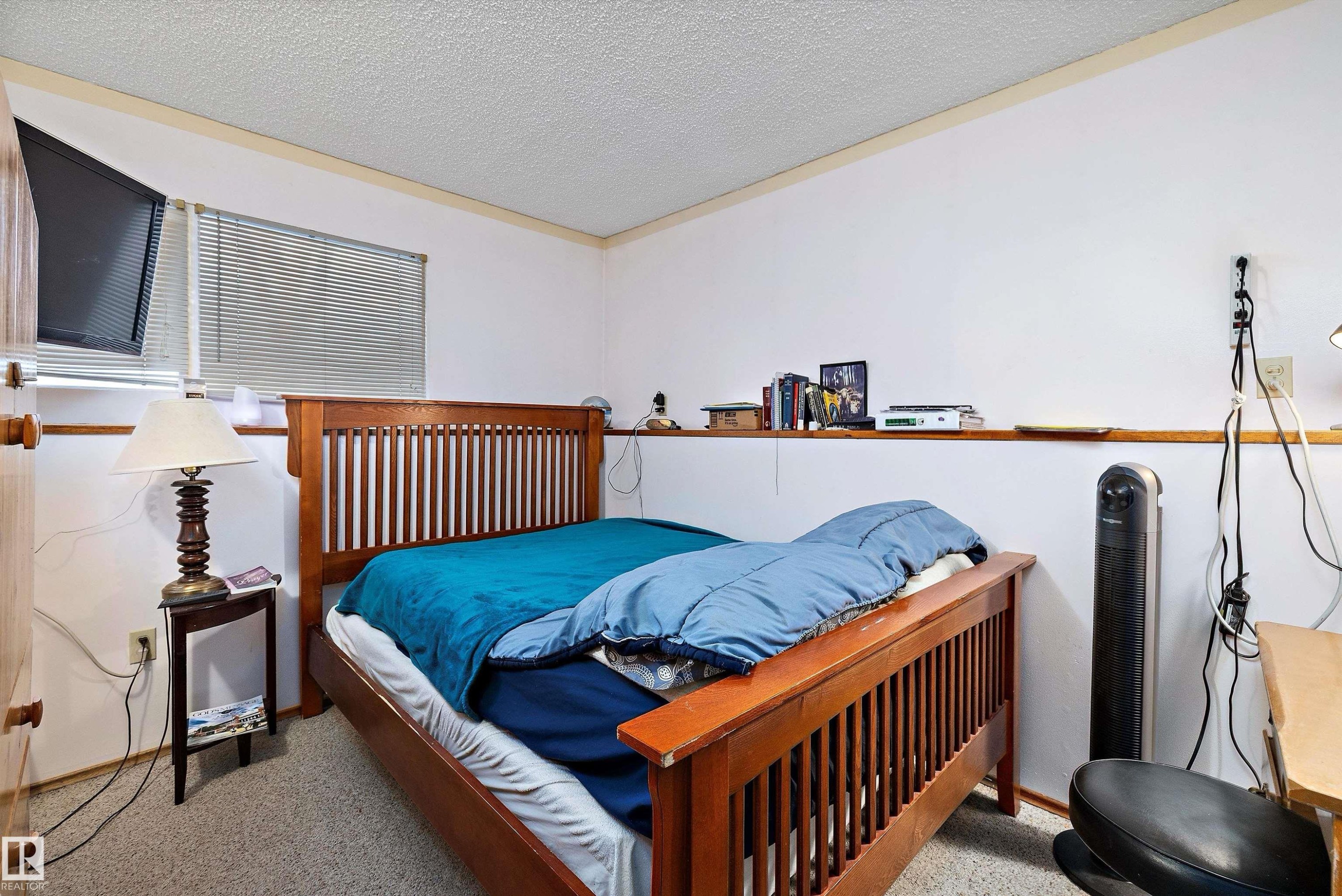 Bedroom with a textured ceiling and carpet floors - 12117 91 Street, Edmonton, AB - Indoor Photo Showing Bedroom