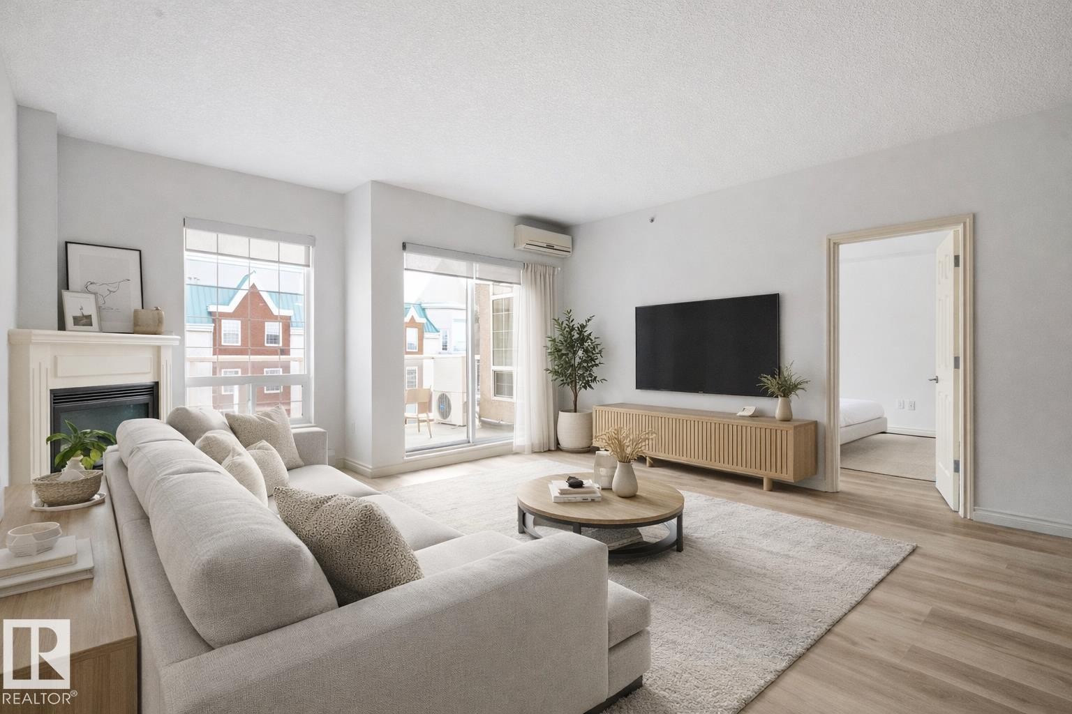 407 5 Perron Street, St. Albert, AB - Indoor Photo Showing Living Room With Fireplace