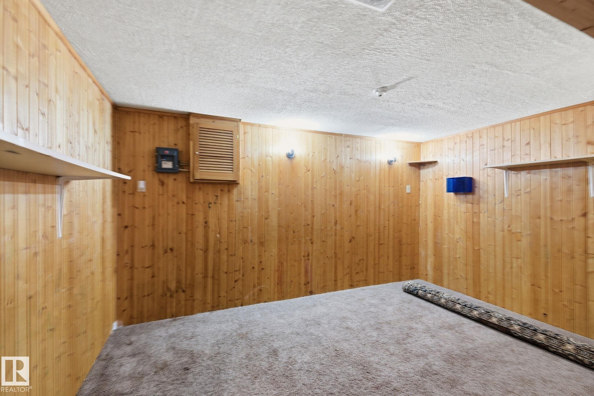 Finished below grade area with carpet floors, a textured ceiling, and wooden walls - 180 Londonderry Square, Edmonton, AB - Indoor Photo Showing Other Room