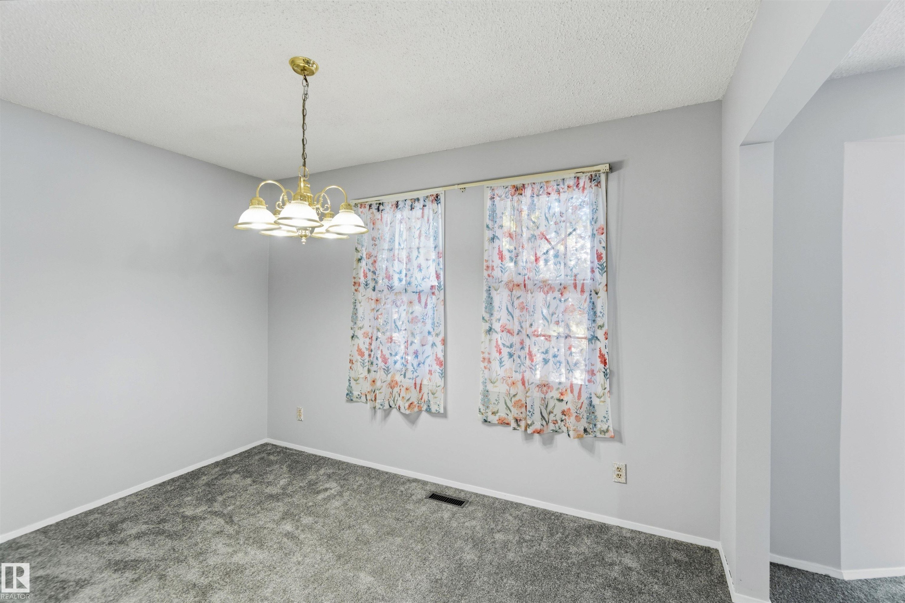 Carpeted spare room featuring a textured ceiling and hanging lights - 135 Humberstone Road, Edmonton, AB - Indoor Photo Showing Other Room