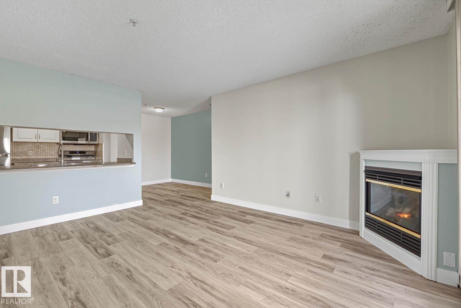 Living area featuring wood-style flooring, a corner fireplace, and a kitchen pass-through with a countertop - 237 17447 98A Avenue, Edmonton, AB - Indoor Photo Showing Other Room With Fireplace