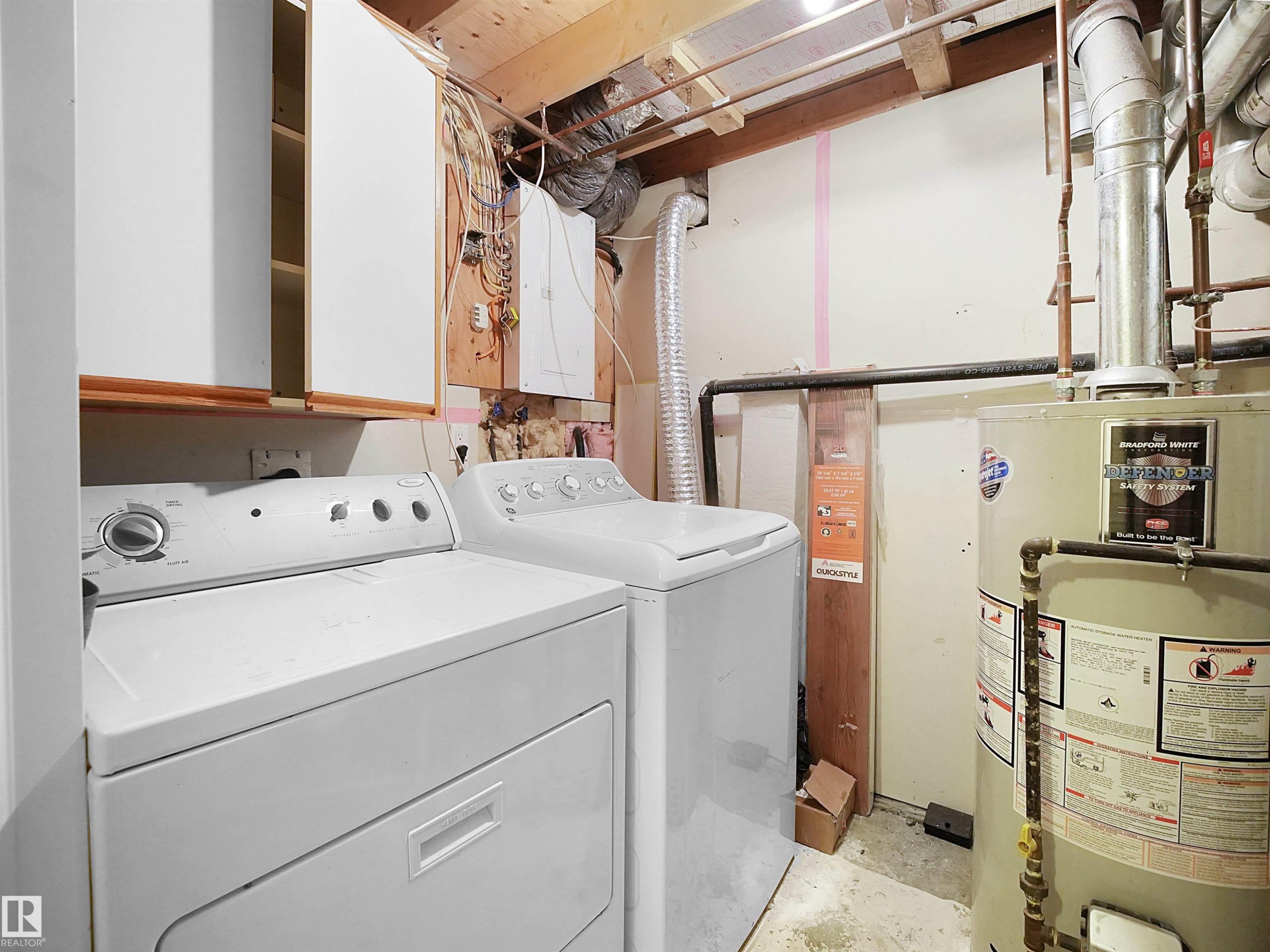 Laundry area featuring water heater, electric panel, separate washer and dryer, and concrete flooring - 791 Abbottsfield Road, Edmonton, AB - Indoor Photo Showing Laundry Room
