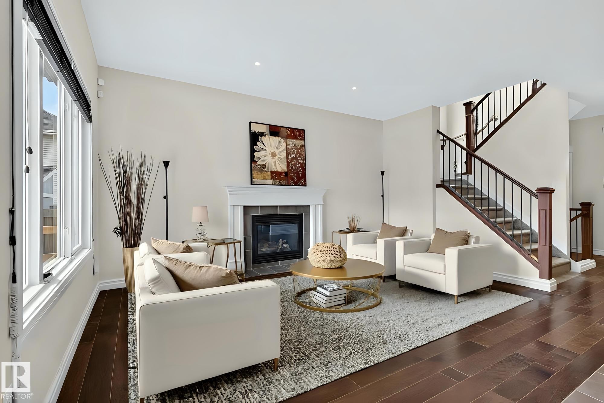 7915 18 Ave, Edmonton, AB - Indoor Photo Showing Living Room With Fireplace