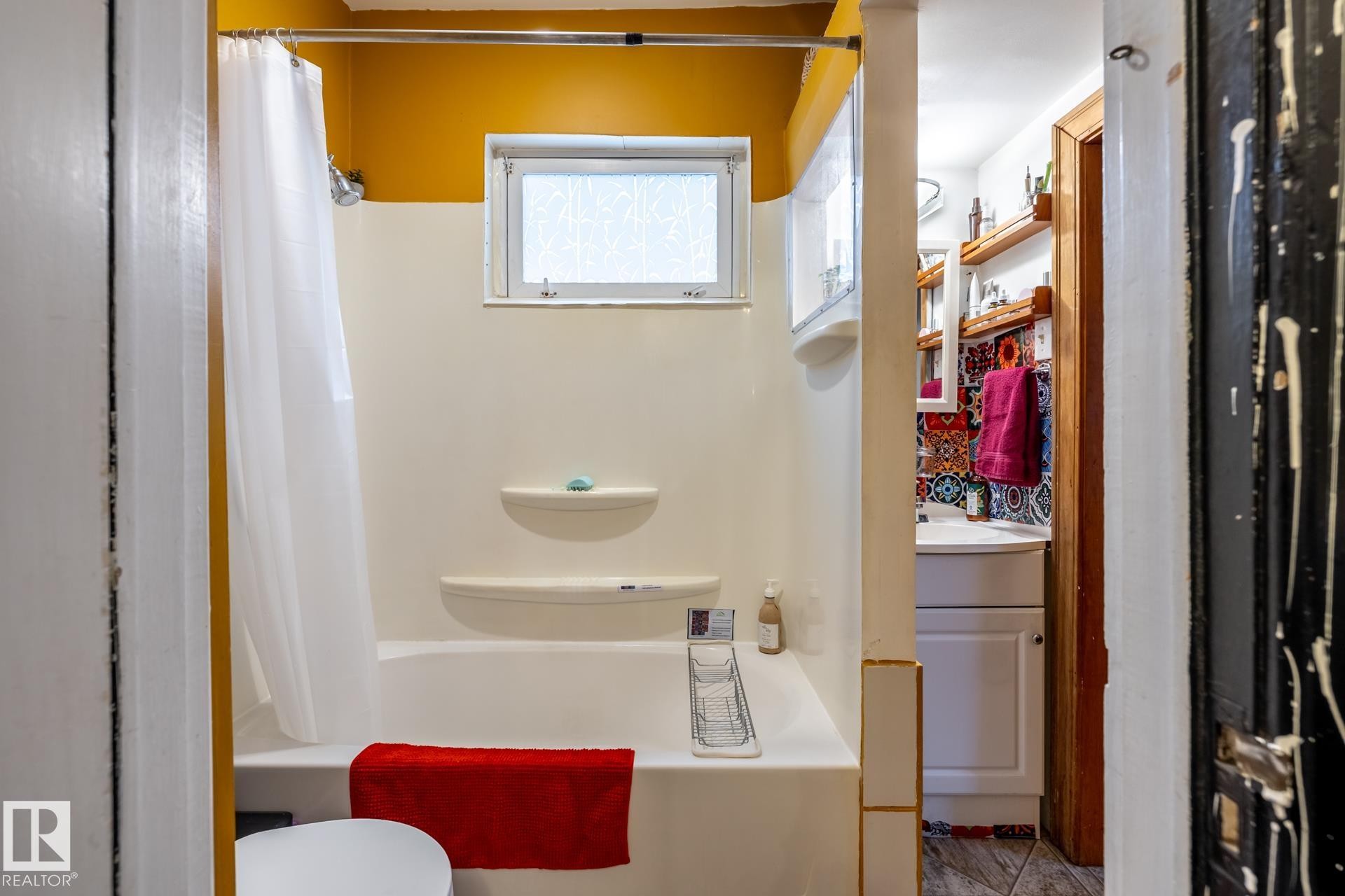 Bathroom with vanity and shower / tub combo - 11240 84 Street, Edmonton, AB - Indoor Photo Showing Other Room