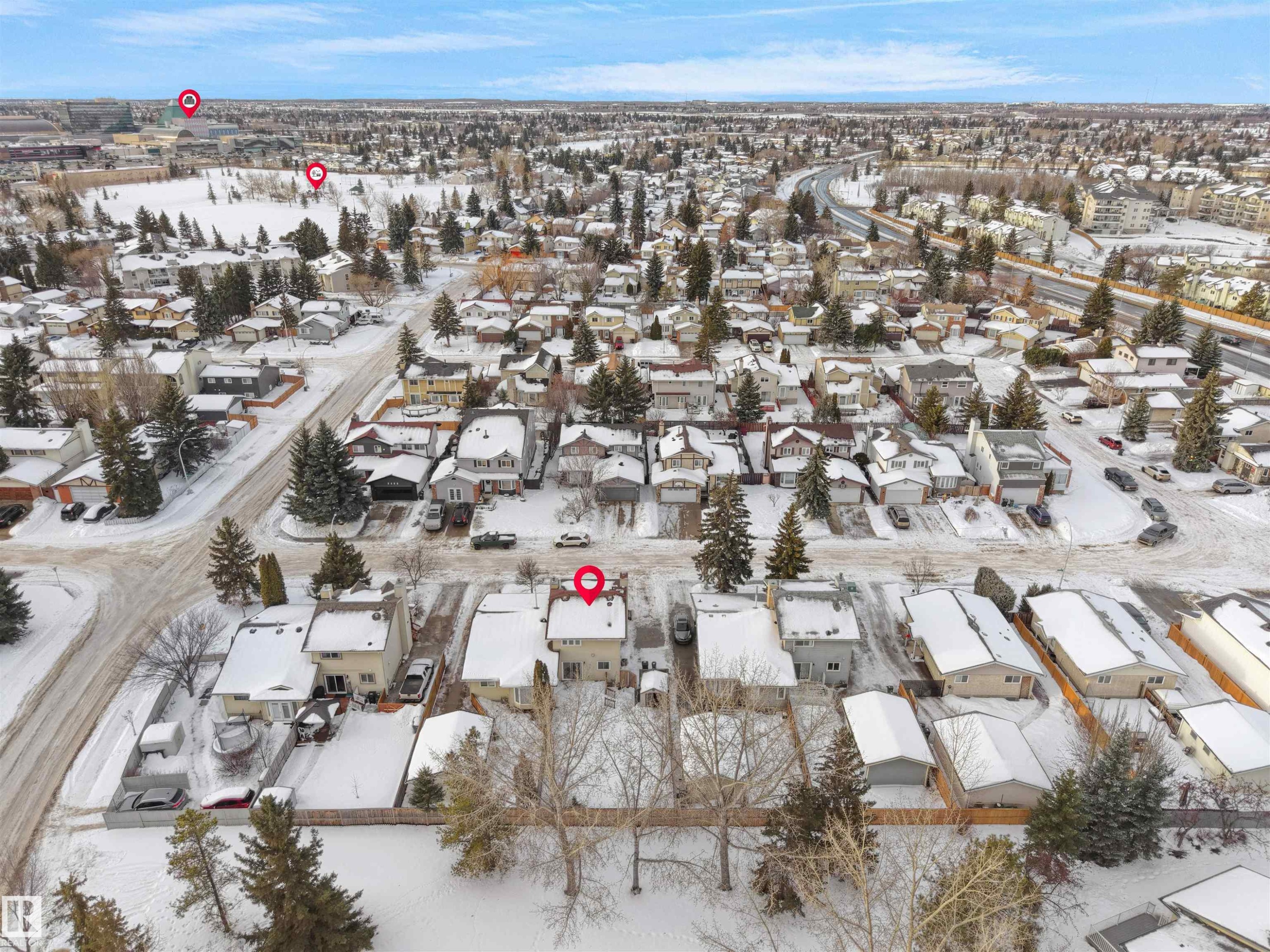 Snowy aerial view with a residential view - 9409 173 Street, Edmonton, AB - Outdoor With View