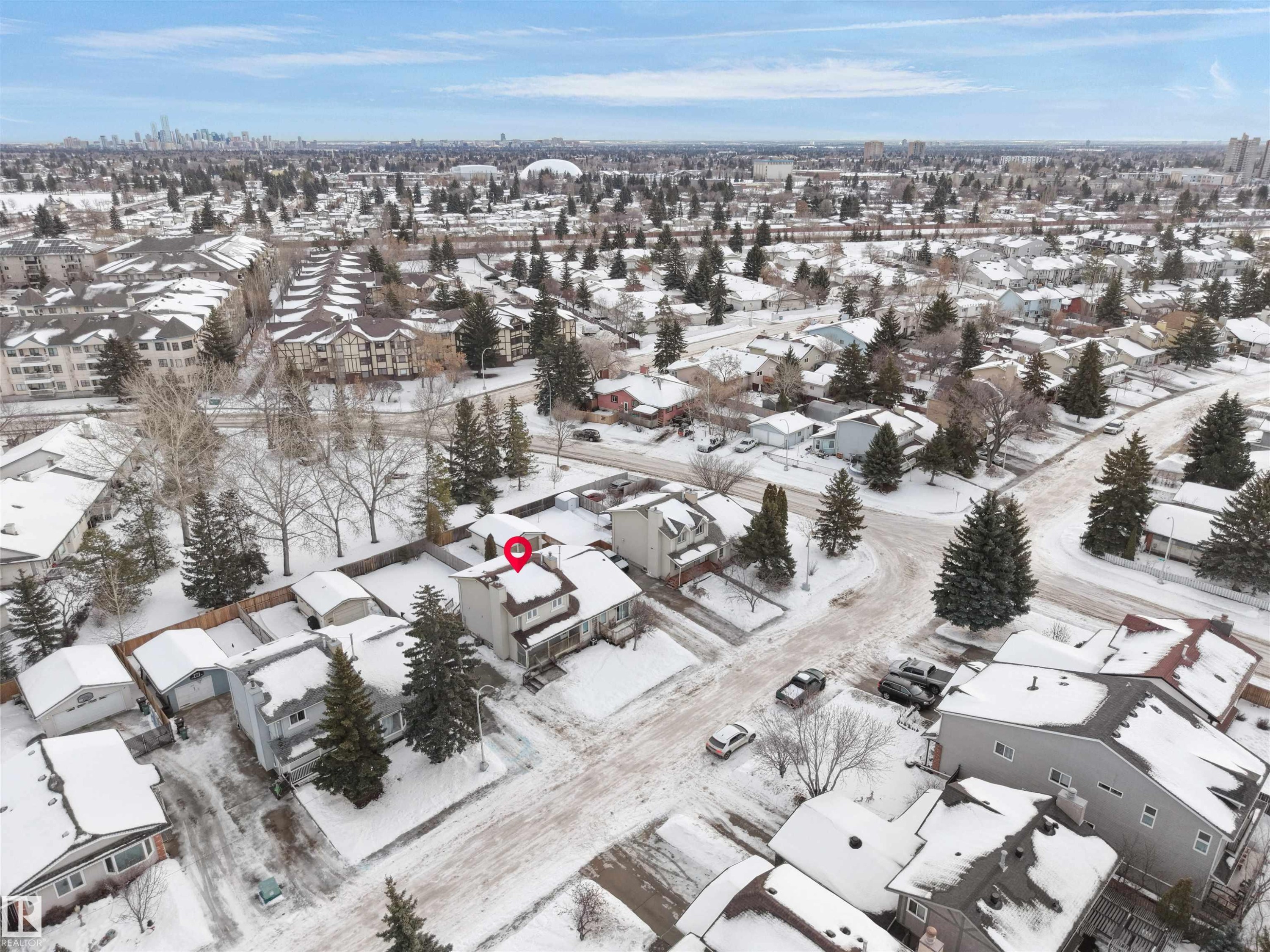 Snowy aerial view with a residential view - 9409 173 Street, Edmonton, AB - Outdoor With View