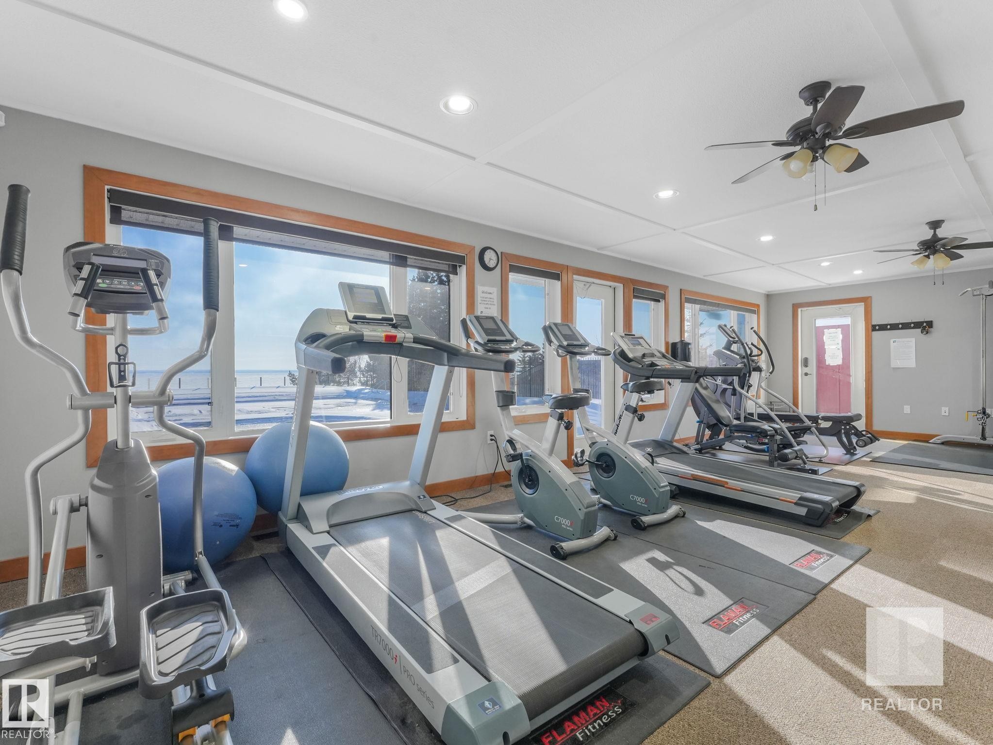 Workout area with a ceiling fan and recessed lighting - 209 55101 Ste. Anne Trail, Rural Lac Ste. Anne County, AB - Indoor Photo Showing Gym Room