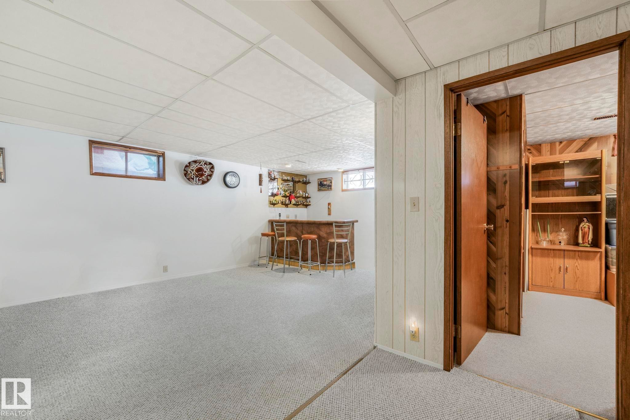 Basement with a bar, carpet flooring, a drop ceiling, and wood walls - 15909 112 B Street Nw, Edmonton, AB - Indoor