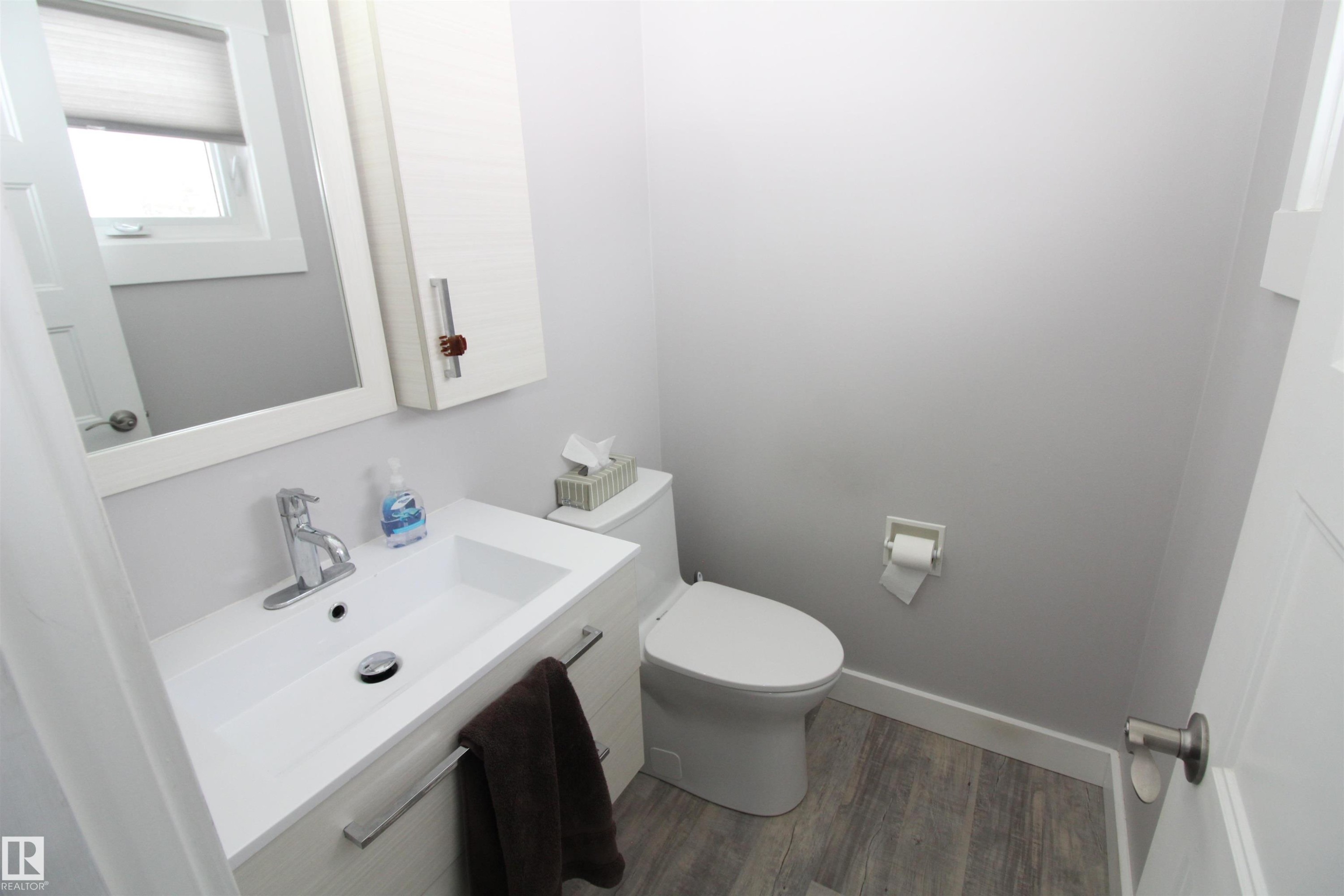 Bathroom with dark wood-style floors and vanity - 10319 106 Ave, Westlock, AB - Indoor Photo Showing Bathroom