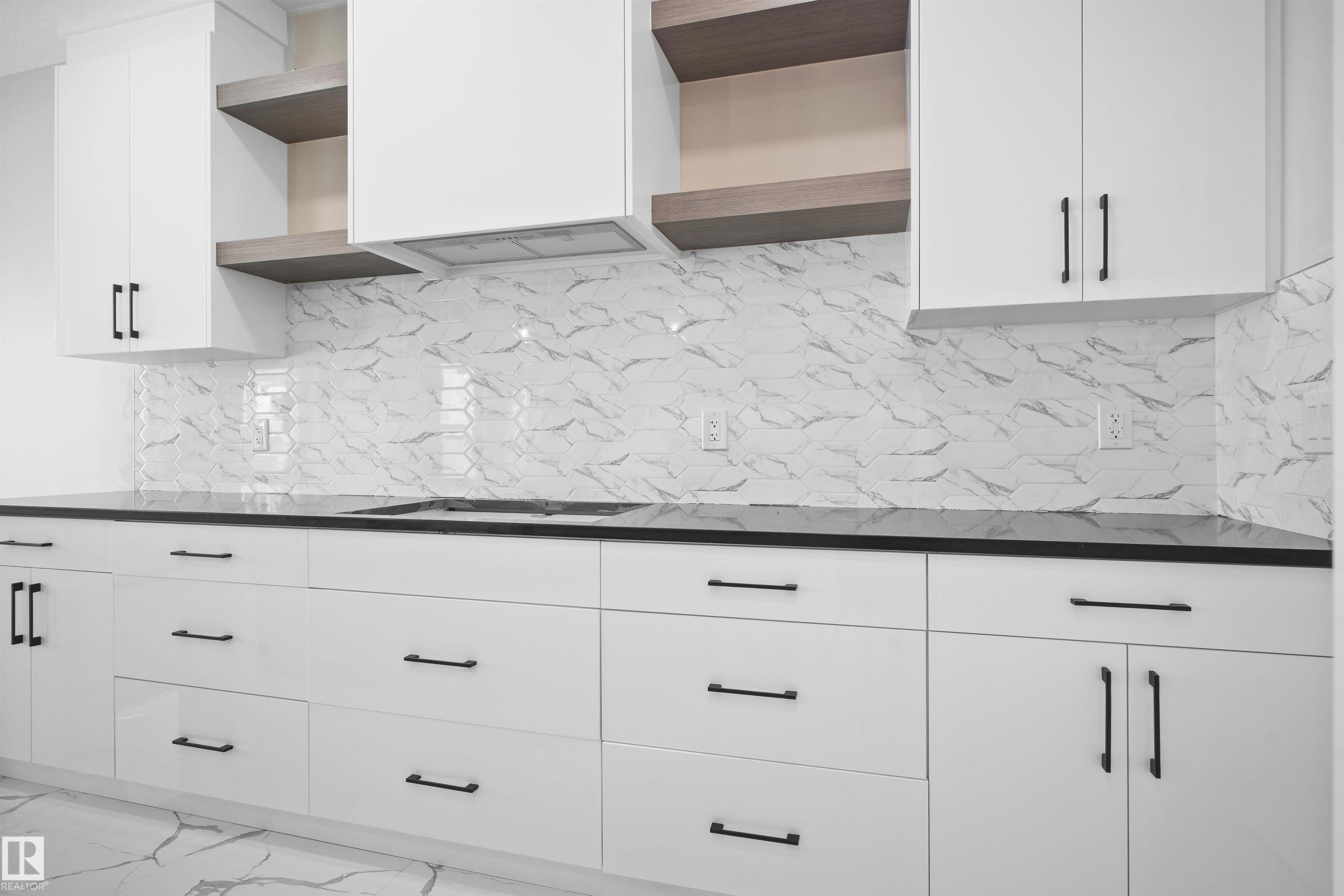 Kitchen featuring open shelves, white cabinetry, and modern cabinets - 3910 41 Avenue, Beaumont, AB - Indoor