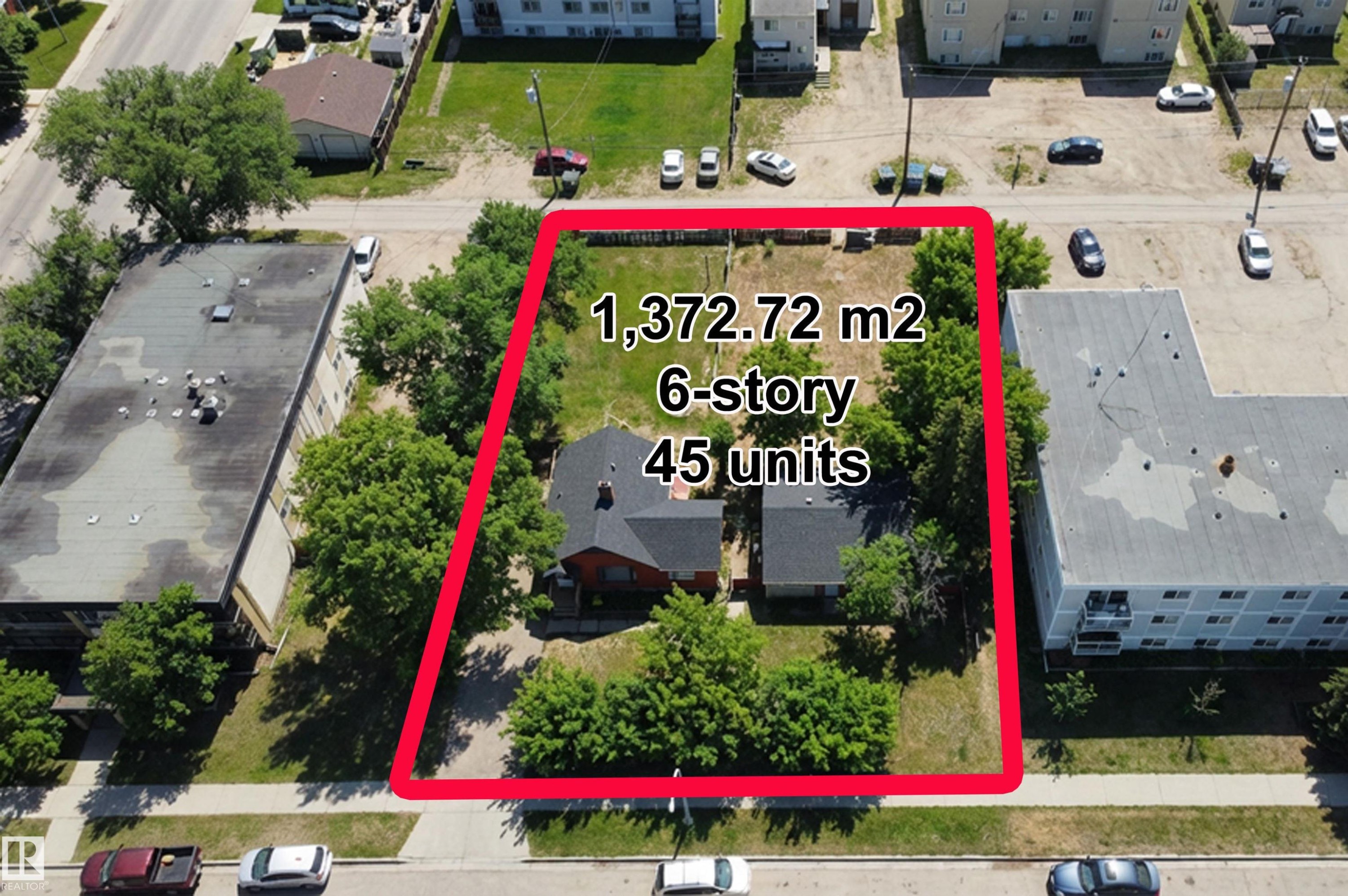 Aerial view of residential area with property boundaries highlighted - 10145 & 10155 155 Street, Edmonton, AB