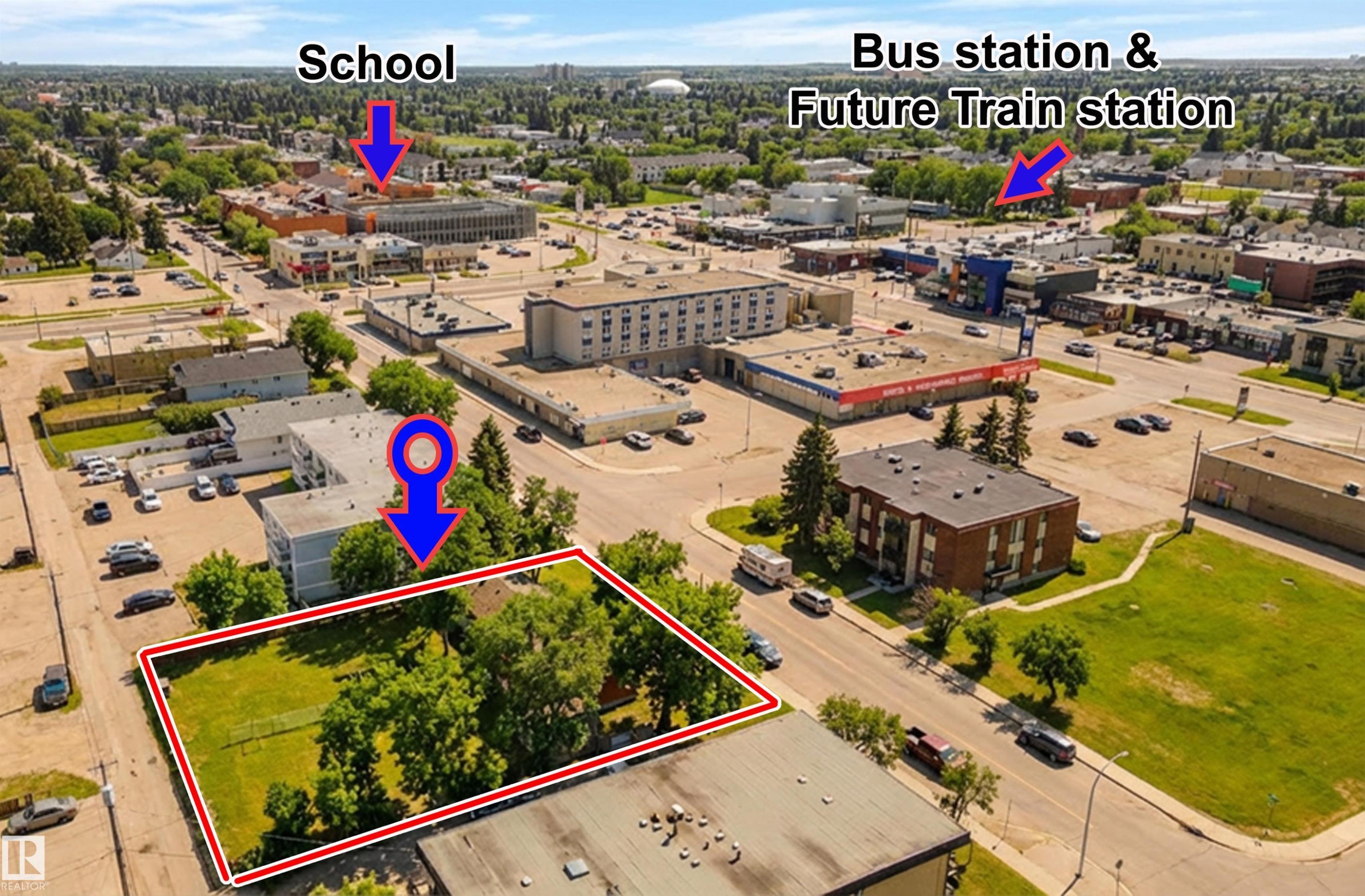 Aerial overview of property's location with property boundaries highlighted - 10145 & 10155 155 Street, Edmonton, AB