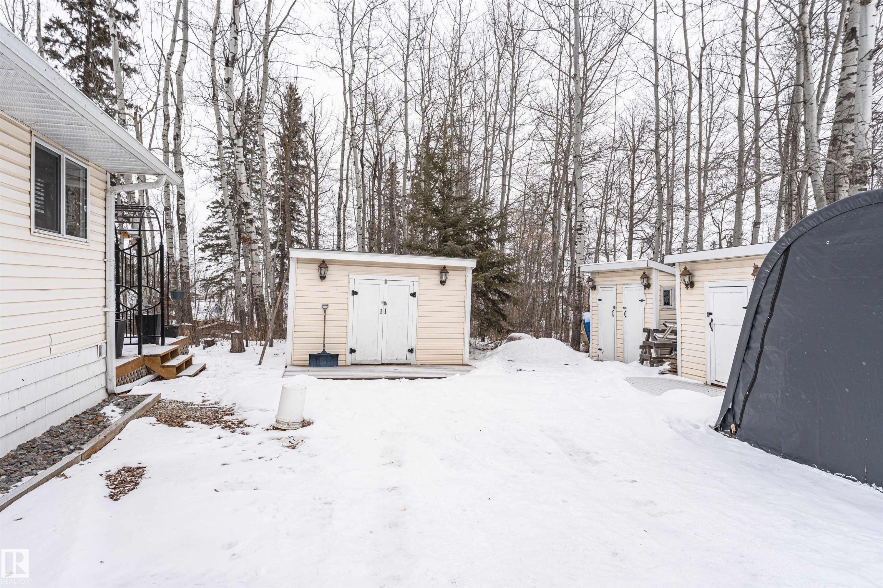 Snowy yard featuring a storage shed and view of scattered trees - 516 5 Street, Rural Lac Ste. Anne County, AB - Outdoor