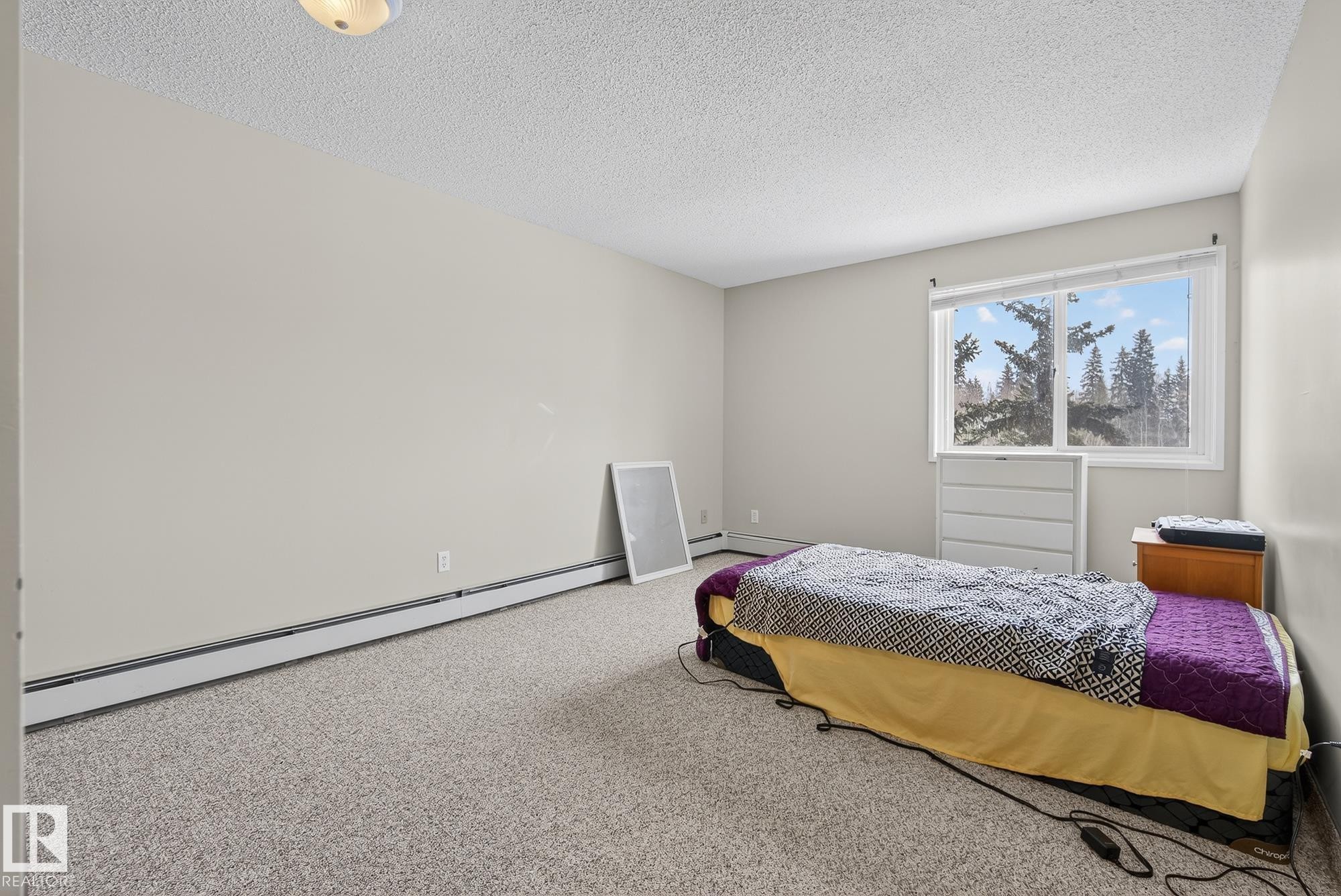 Bedroom featuring a baseboard heating unit, carpet floors, and a textured ceiling - 302 4608 52 Avenue, Stony Plain, AB - Indoor Photo Showing Bedroom