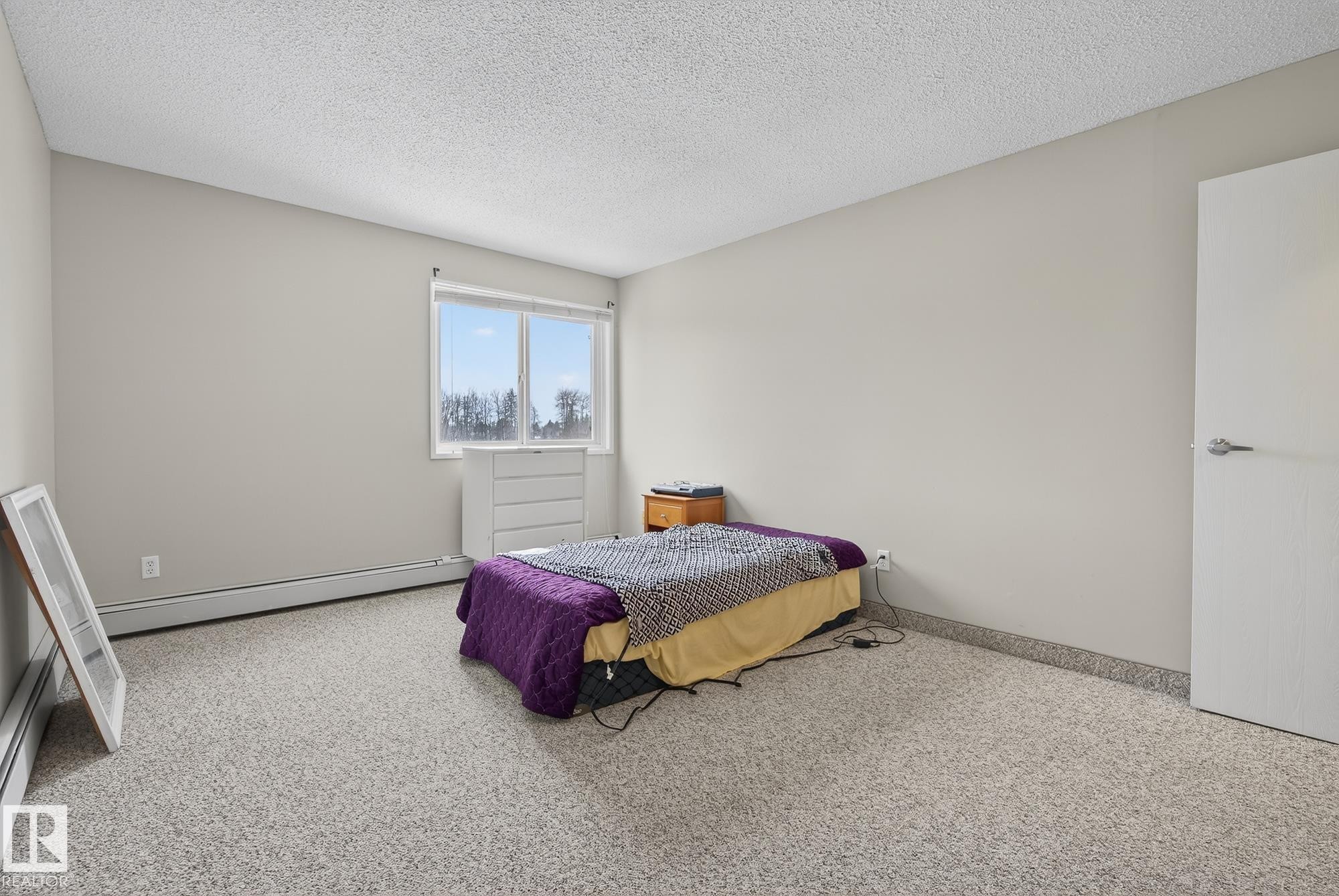 Bedroom featuring light colored carpet, a textured ceiling, and baseboard heating - 302 4608 52 Avenue, Stony Plain, AB - Indoor Photo Showing Bedroom