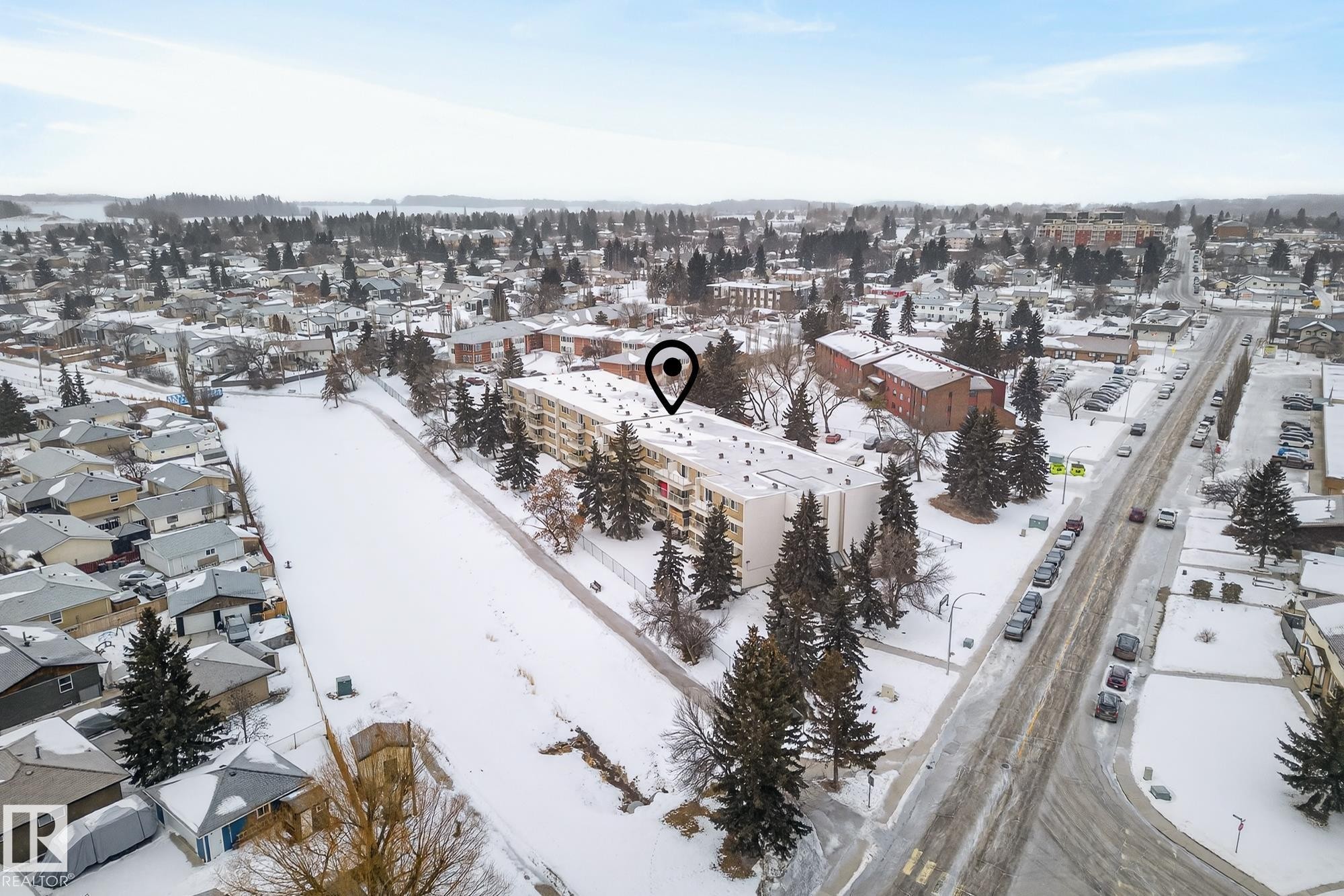 View of snowy aerial view - 302 4608 52 Avenue, Stony Plain, AB - Outdoor With View