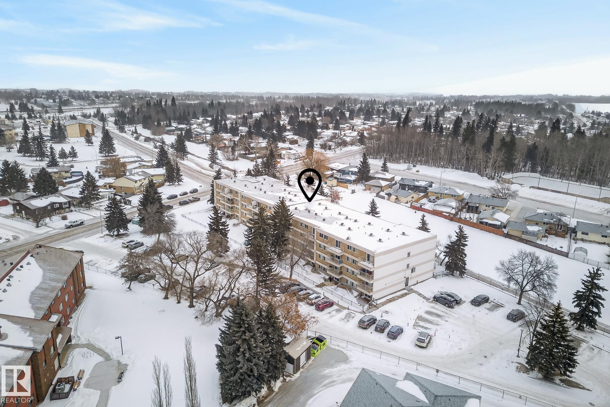 View of snowy aerial view - 302 4608 52 Avenue, Stony Plain, AB - Outdoor With View