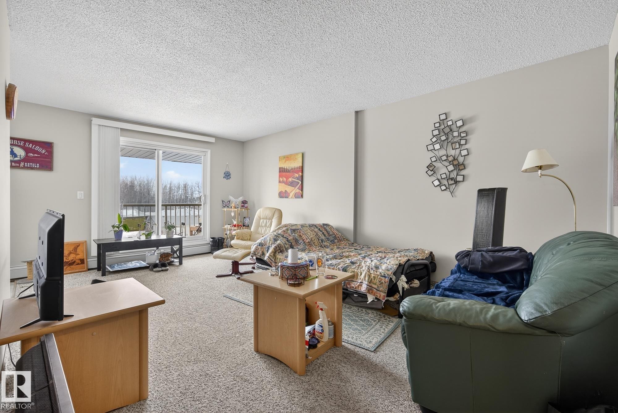 Living area with light colored carpet and a textured ceiling - 302 4608 52 Avenue, Stony Plain, AB - Indoor Photo Showing Other Room