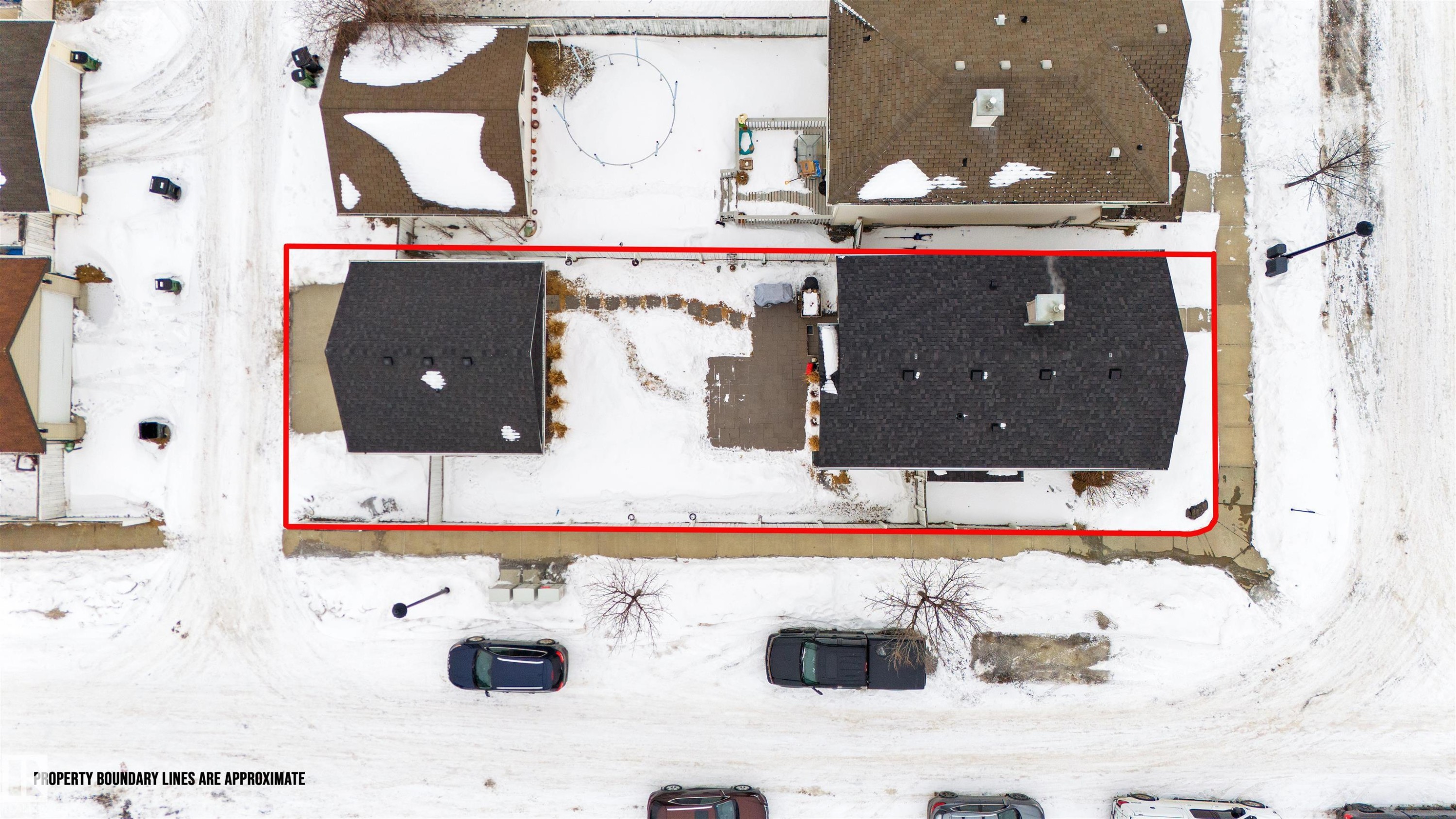 Snowy aerial view with property parcel outlined - 7804 Schmid Place, Edmonton, AB - Other