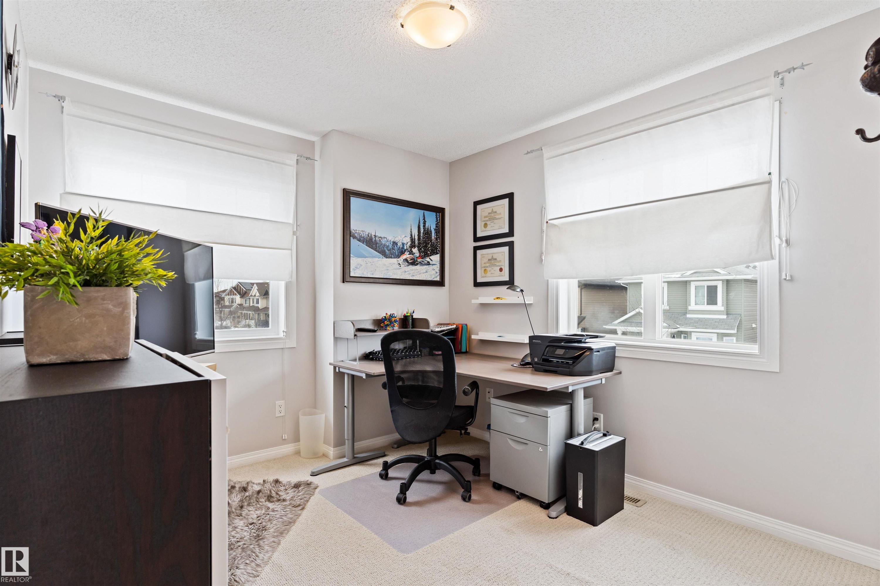 Office space featuring light carpet, a textured ceiling, and plenty of natural light - 7804 Schmid Place, Edmonton, AB - Indoor Photo Showing Office