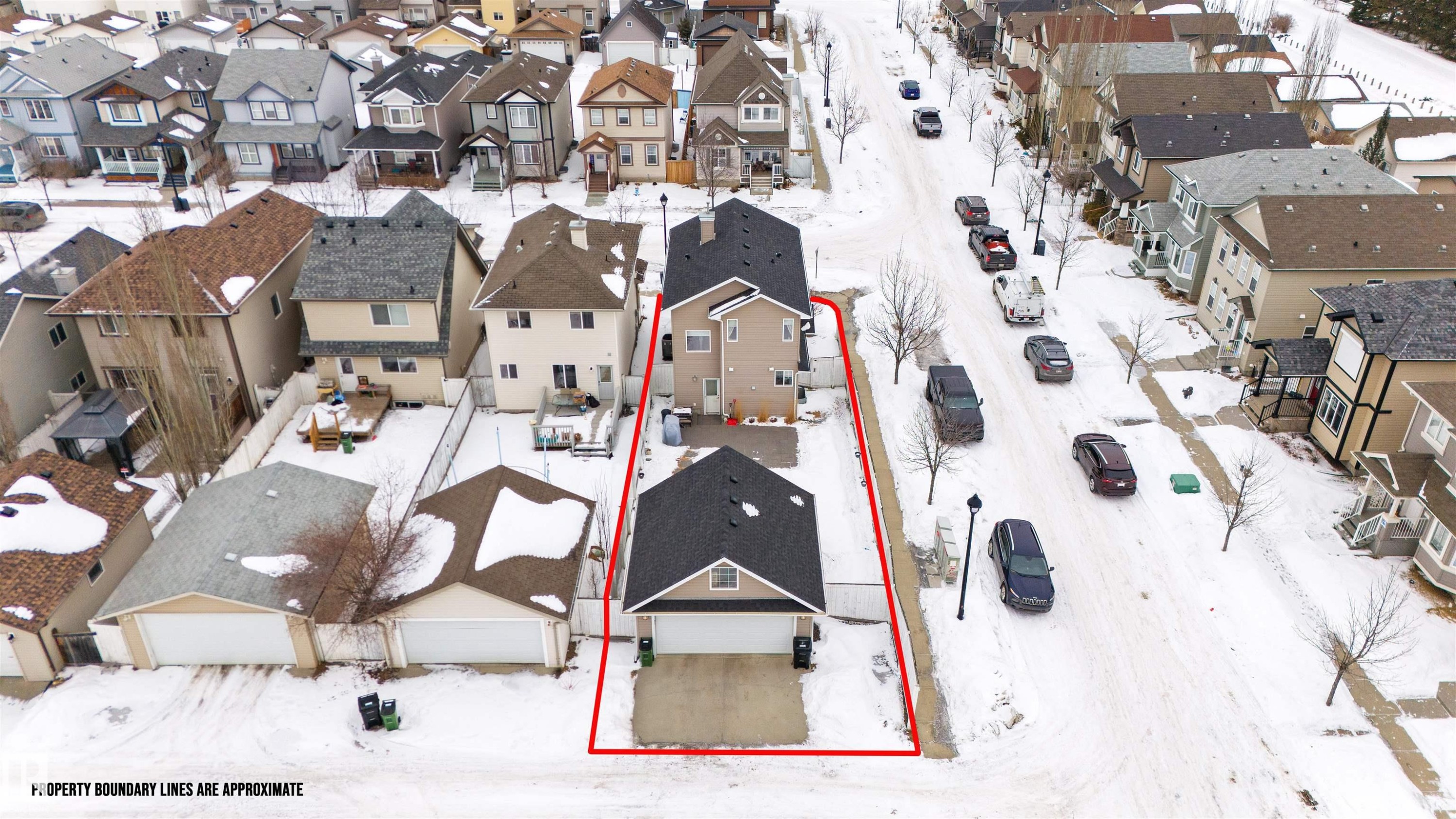 Snowy aerial view featuring property parcel outlined and a residential view - 7804 Schmid Place, Edmonton, AB - Outdoor