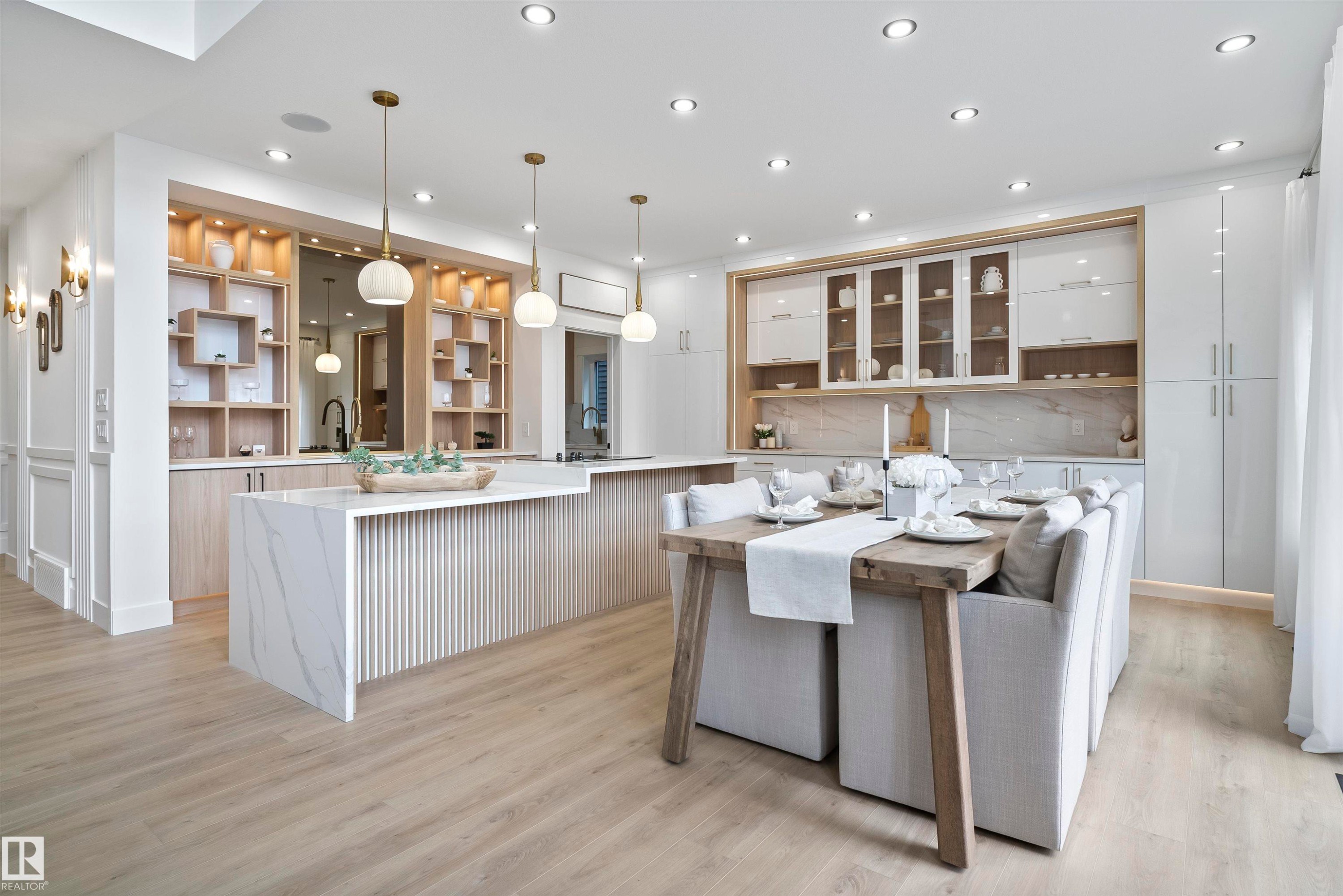 Kitchen with open shelves, light wood-type flooring, glass insert cabinets, light stone countertops, and tasteful backsplash - 13152 187 Avenue, Edmonton, AB - Indoor Photo Showing Kitchen With Upgraded Kitchen