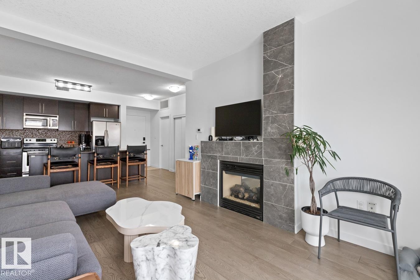 408 11203 103A Avenue, Edmonton, AB - Indoor Photo Showing Living Room With Fireplace