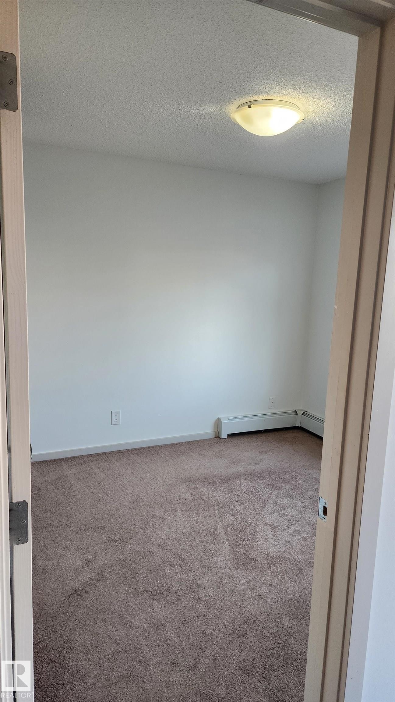 Spare room with a textured ceiling, carpet flooring, and a baseboard heating unit - 413 5521 7 Avenue, Edmonton, AB - Indoor Photo Showing Other Room