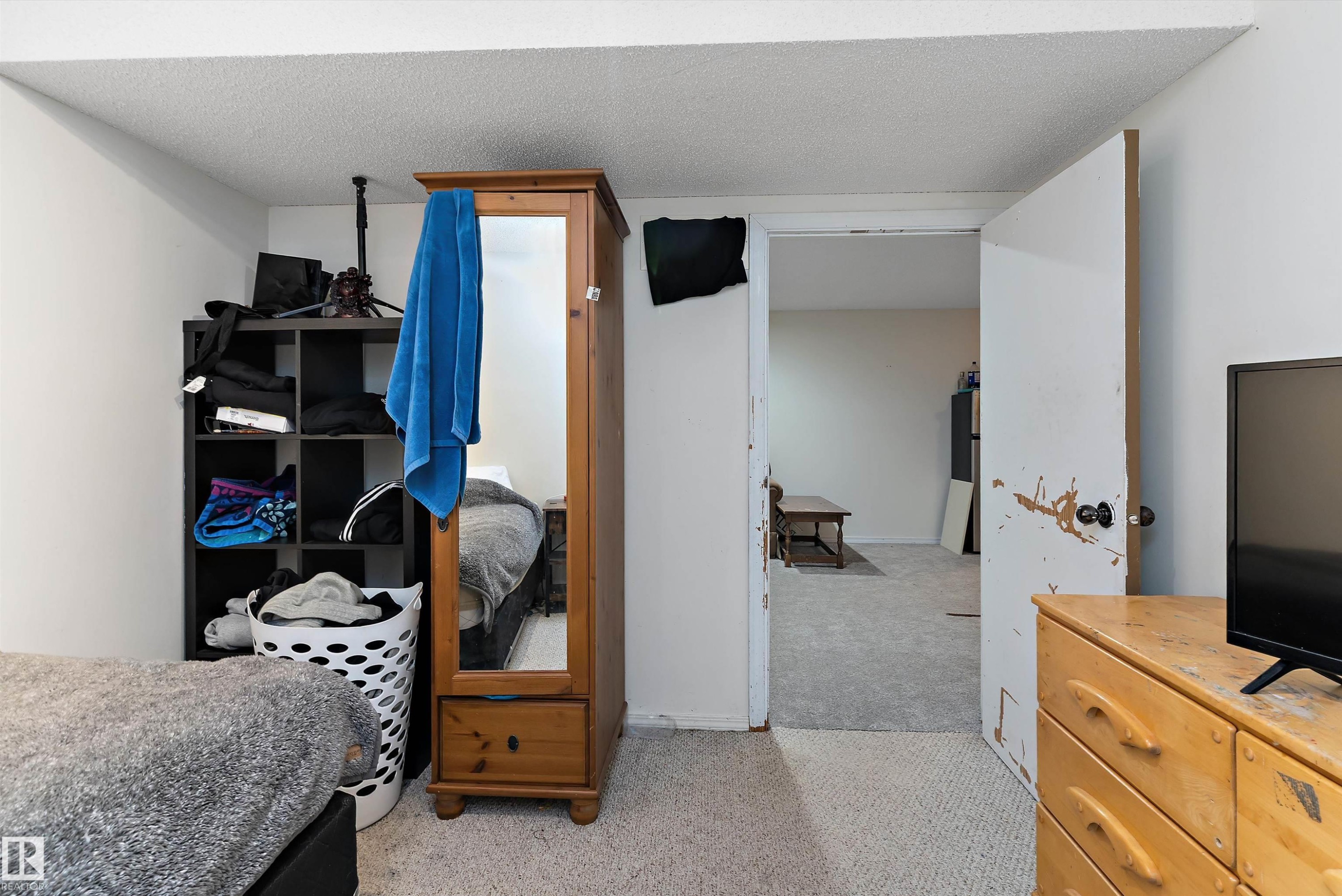 Bedroom with light colored carpet and a textured ceiling - 115 Walker Road, Edmonton, AB - Indoor Photo Showing Bedroom