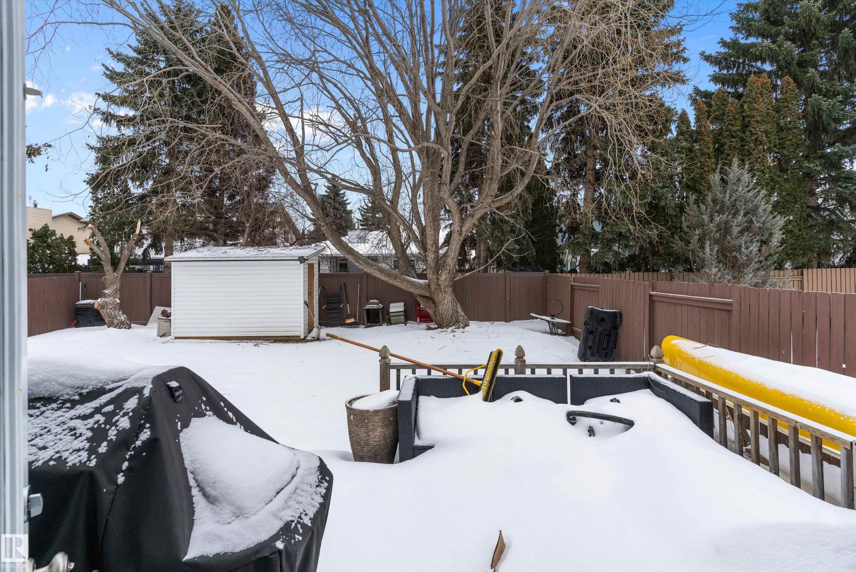 Yard layered in snow with a fenced backyard and a storage unit - 115 Walker Road, Edmonton, AB - Outdoor