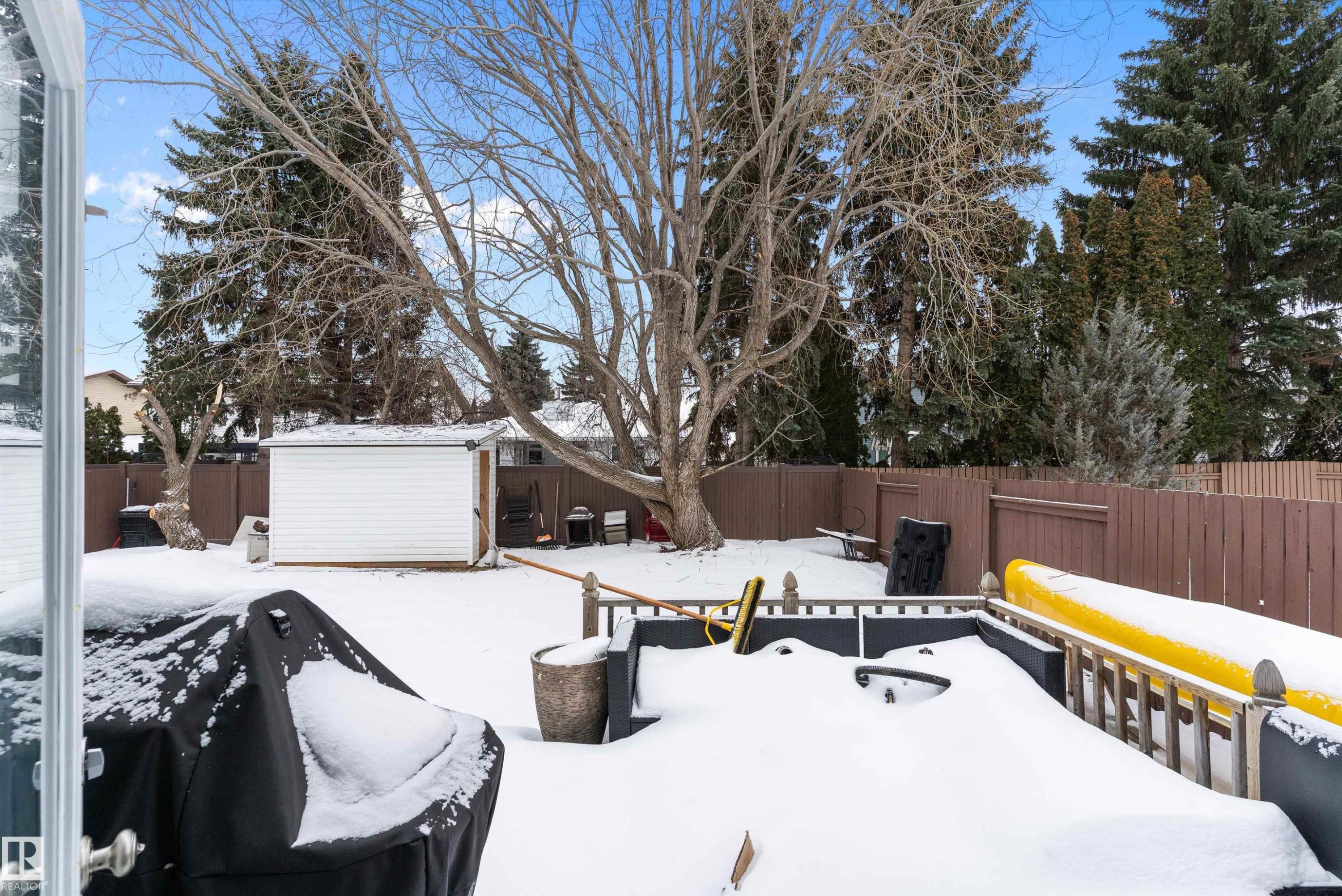 Snow covered deck with a fenced backyard and a shed - 115 Walker Road, Edmonton, AB - Outdoor