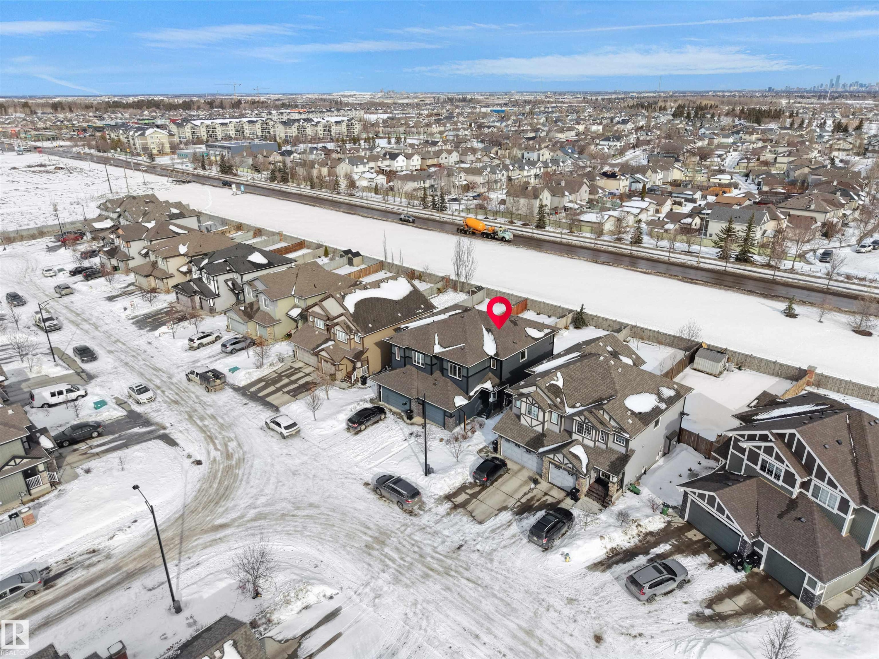 Snowy aerial view featuring a residential view - 8921 217 St Nw, Edmonton, AB - Outdoor With View