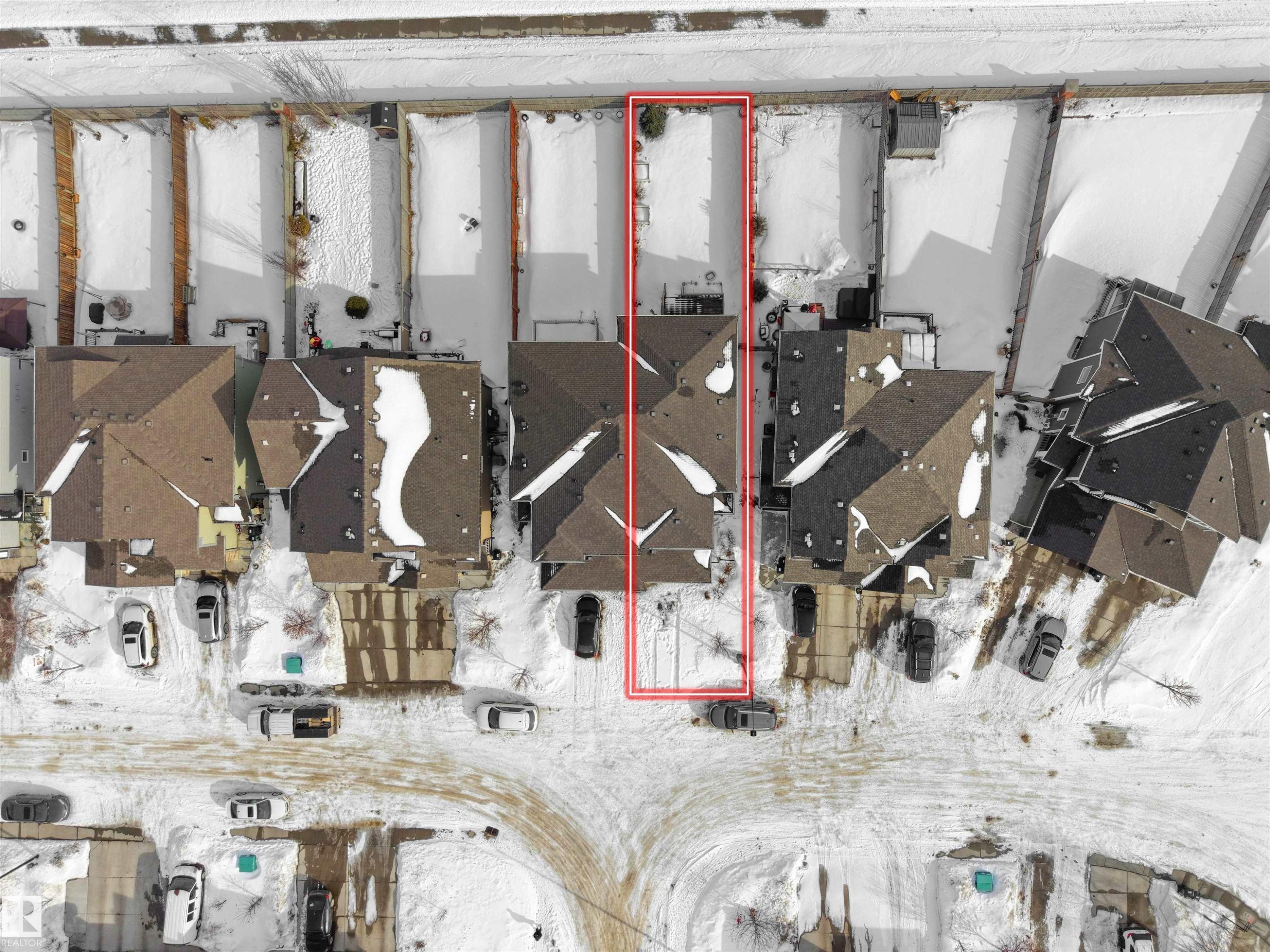 Aerial view of residential area with property boundaries highlighted - 8921 217 St Nw, Edmonton, AB - Indoor Photo Showing Basement