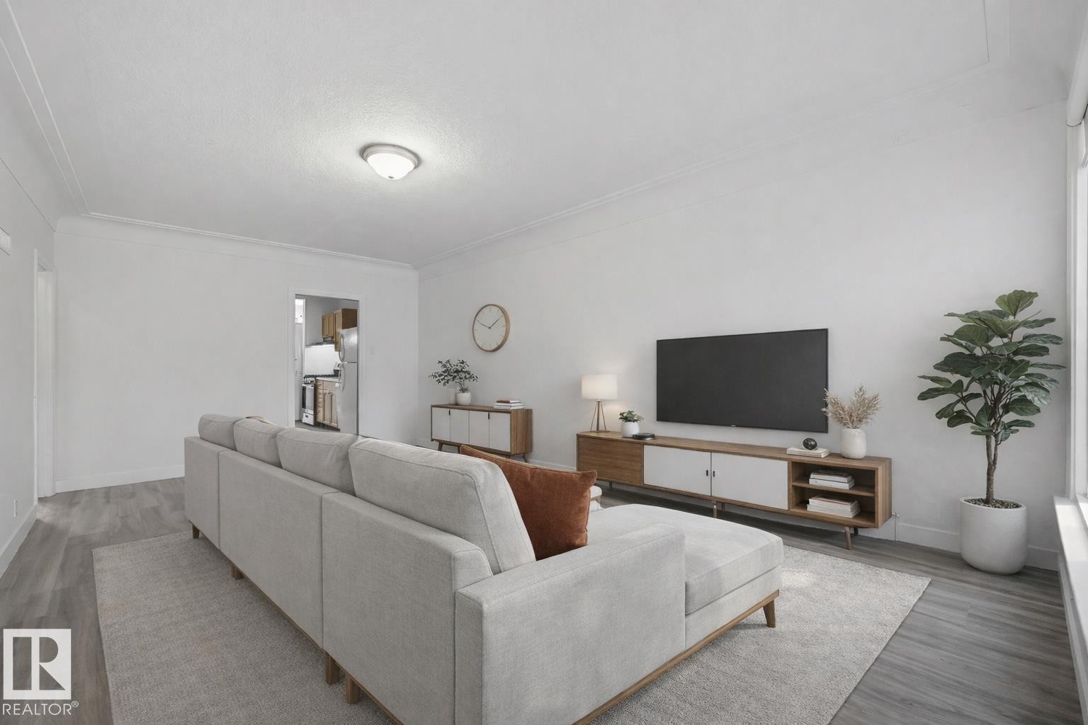 Virtually staged - 9848 87 Avenue, Edmonton, AB - Indoor Photo Showing Living Room