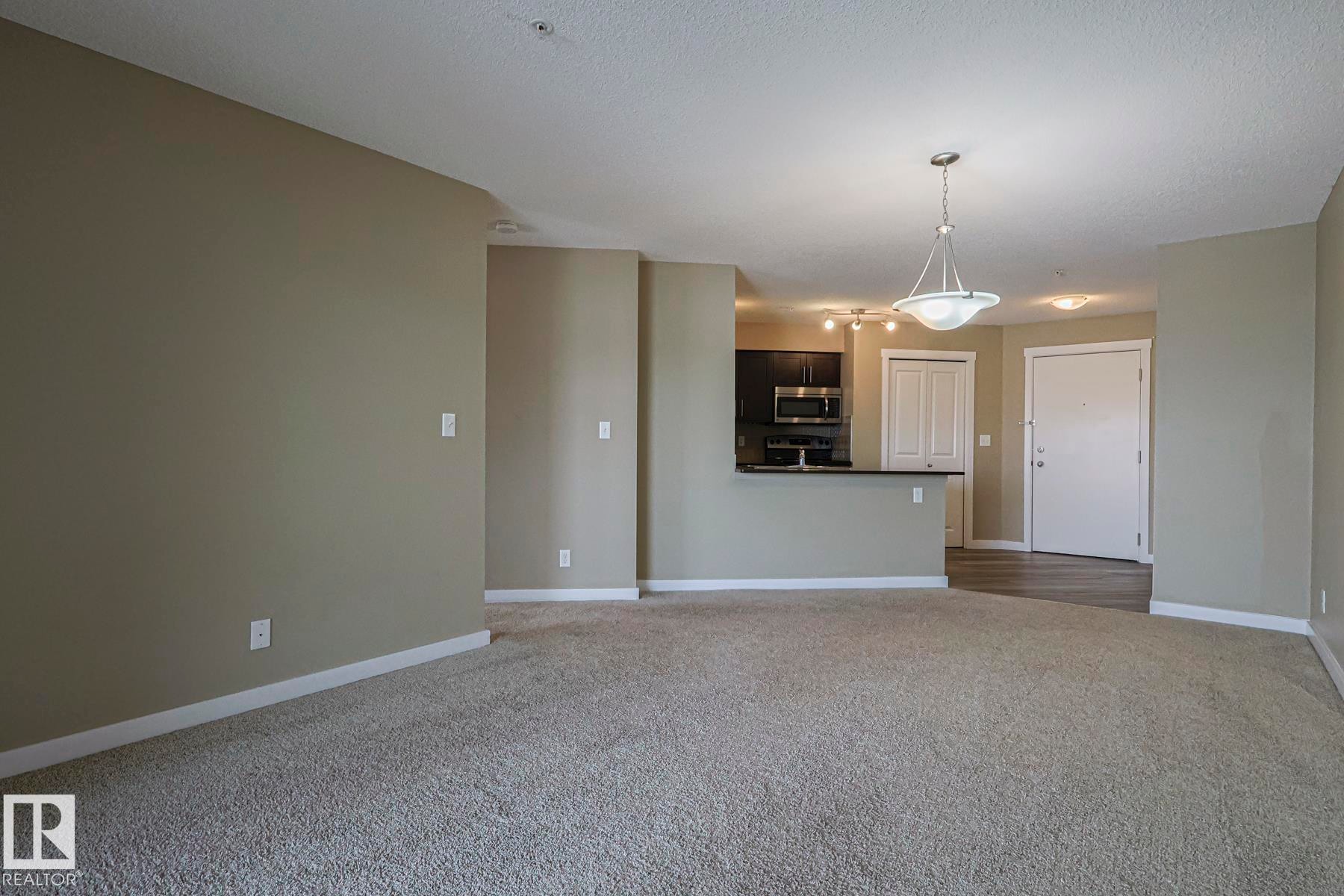 This inviting living space features carpeting, light-colored walls, and a ceiling light fixture - 313 1510 Watt Drive, Edmonton, AB - Indoor