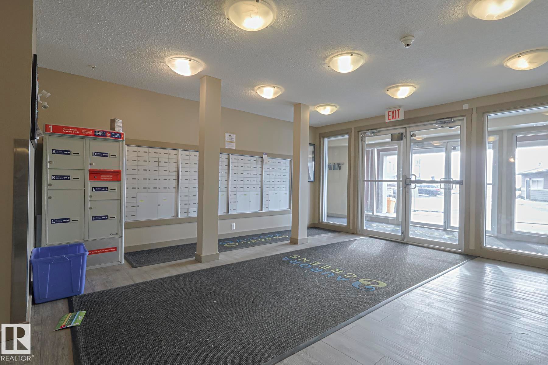 The property features a well-lit entrance with overhead lighting, a mail area, and glass doors providing natural light - 313 1510 Watt Drive, Edmonton, AB - Indoor Photo Showing Other Room