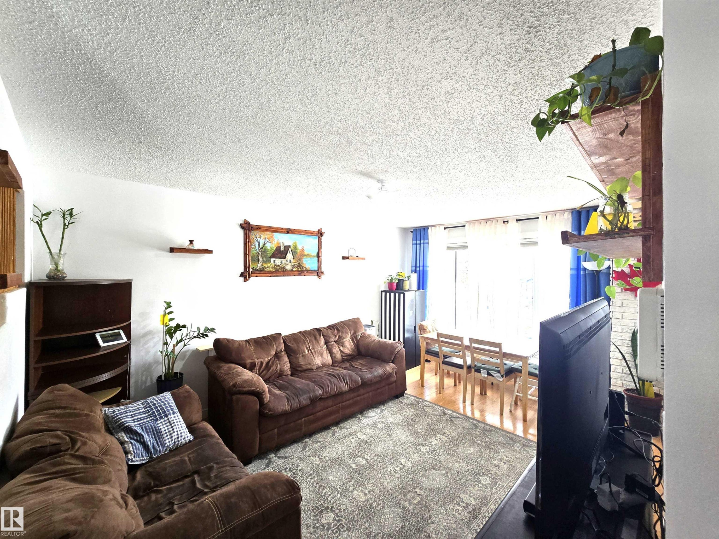 The living room features white walls, a textured ceiling, and a large area rug - 80 Amberly Crest, Edmonton, AB - Indoor Photo Showing Living Room