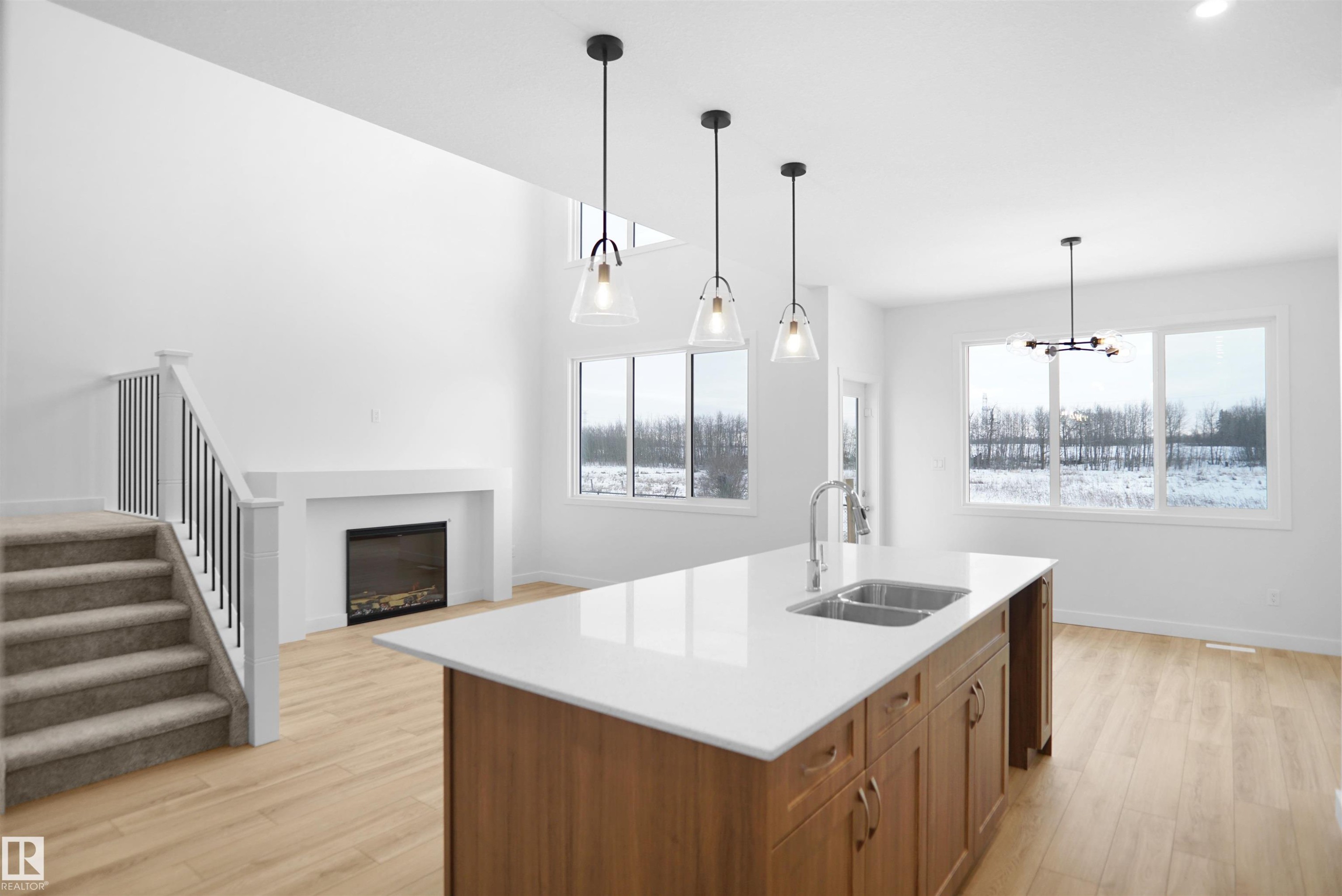 1323 11 Avenue, Edmonton, AB - Indoor Photo Showing Kitchen With Fireplace With Double Sink