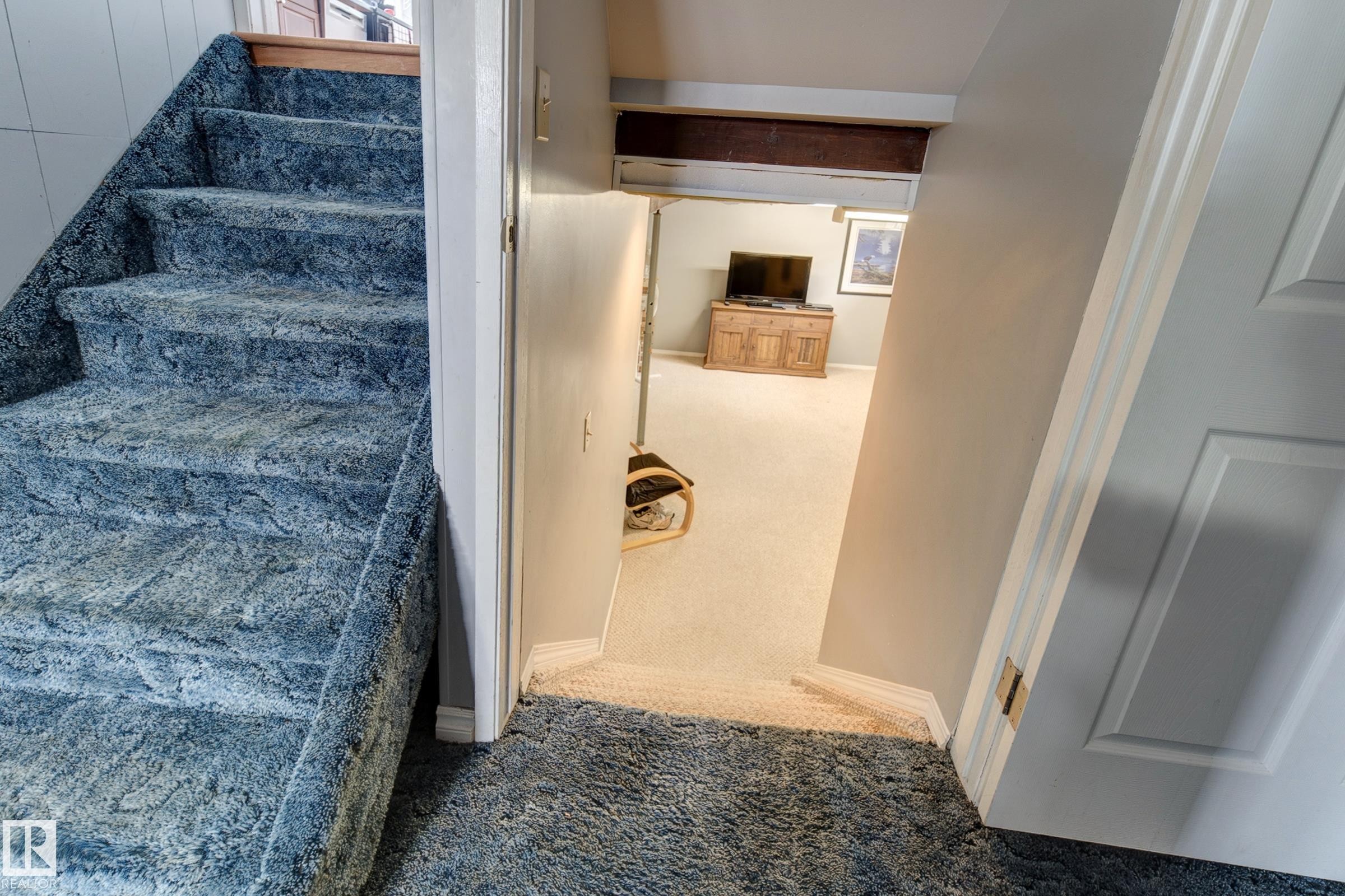 Stairway featuring carpet floors and baseboards - 4823 10 Avenue, Edmonton, AB - Indoor Photo Showing Other Room