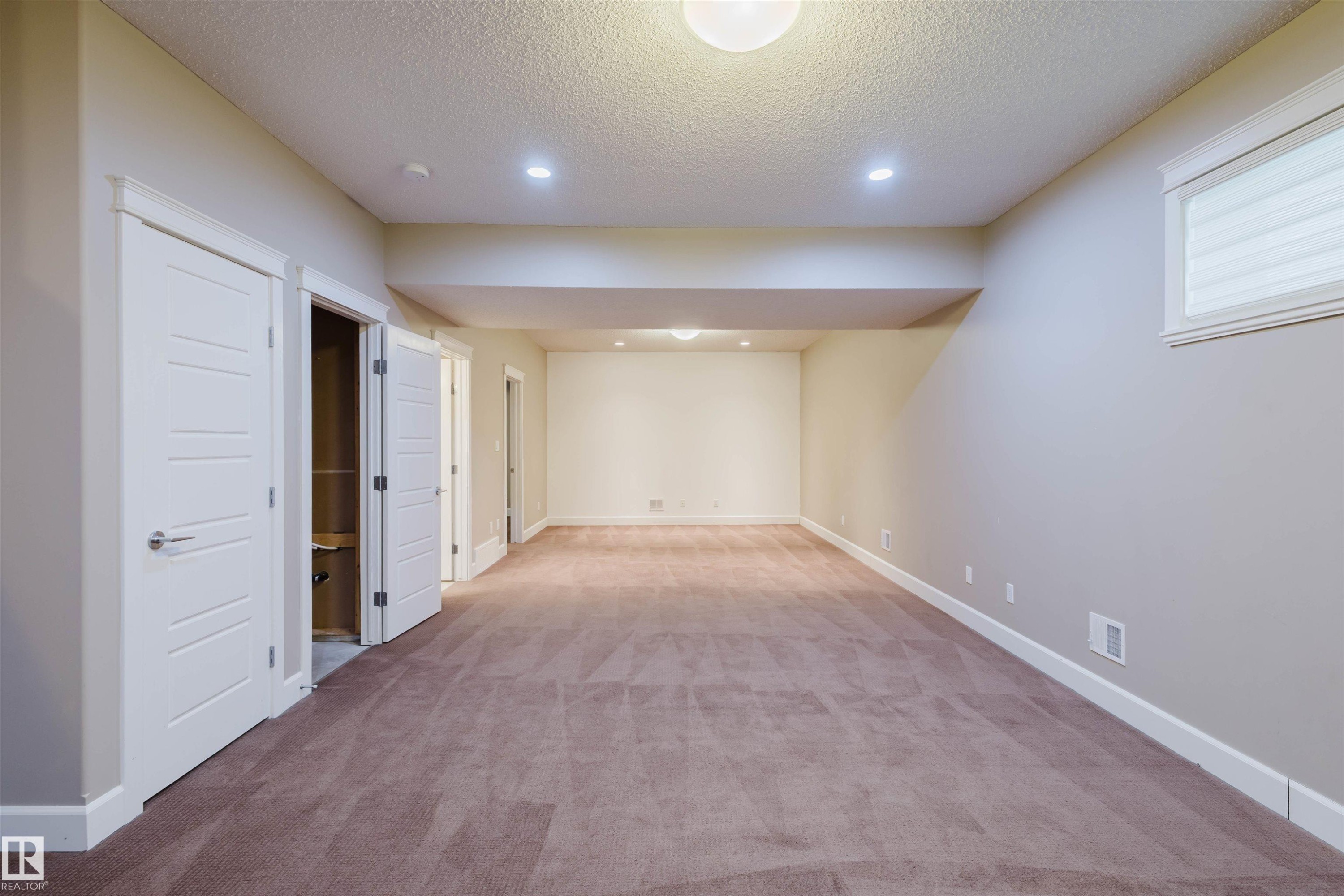 Finished below grade area with recessed lighting, light carpet, and a textured ceiling - 1957 Ainslie Link, Edmonton, AB - Indoor