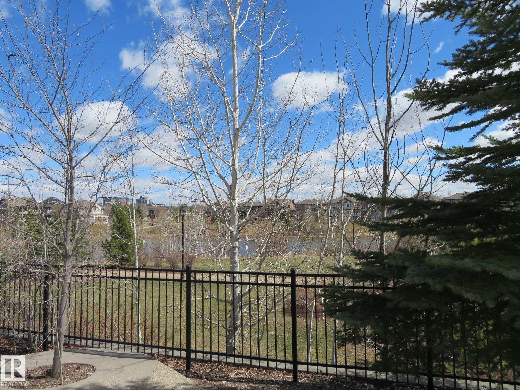 Black metal fence enclosing a concrete patio area, featuring a pond and distant buildings - 415 2590 Anderson Way, Edmonton, AB - Outdoor With View