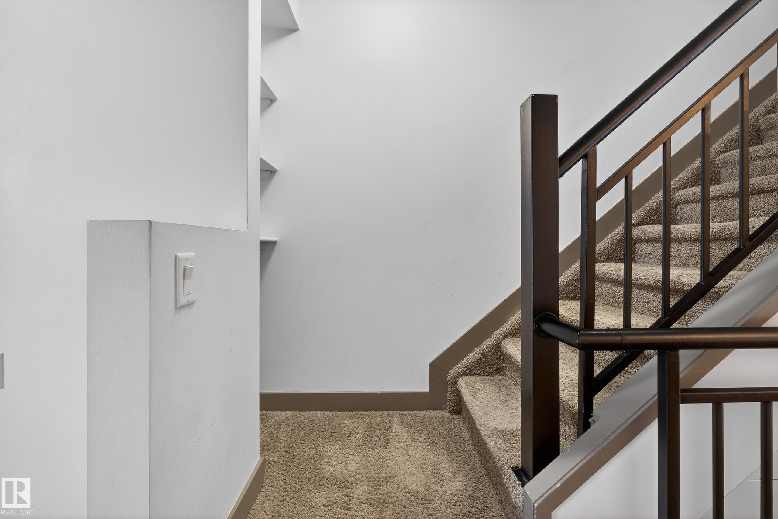 Staircase featuring carpeted steps and a dark-toned railing - 1649 Cunningham Way, Edmonton, AB - Indoor Photo Showing Other Room