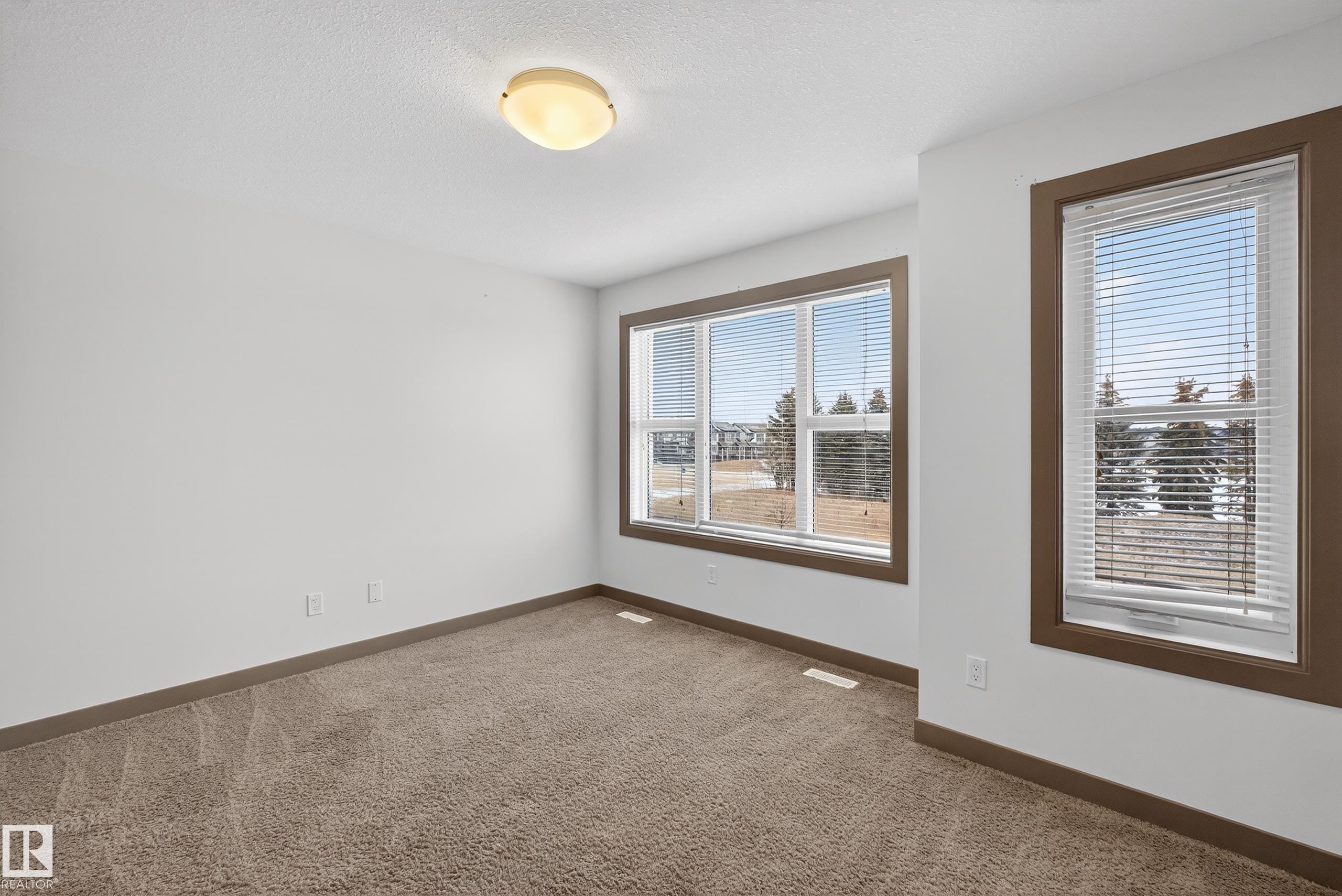 This room features carpeted flooring, a flush mount ceiling light fixture, and two windows with blinds - 1649 Cunningham Way, Edmonton, AB - Indoor Photo Showing Other Room
