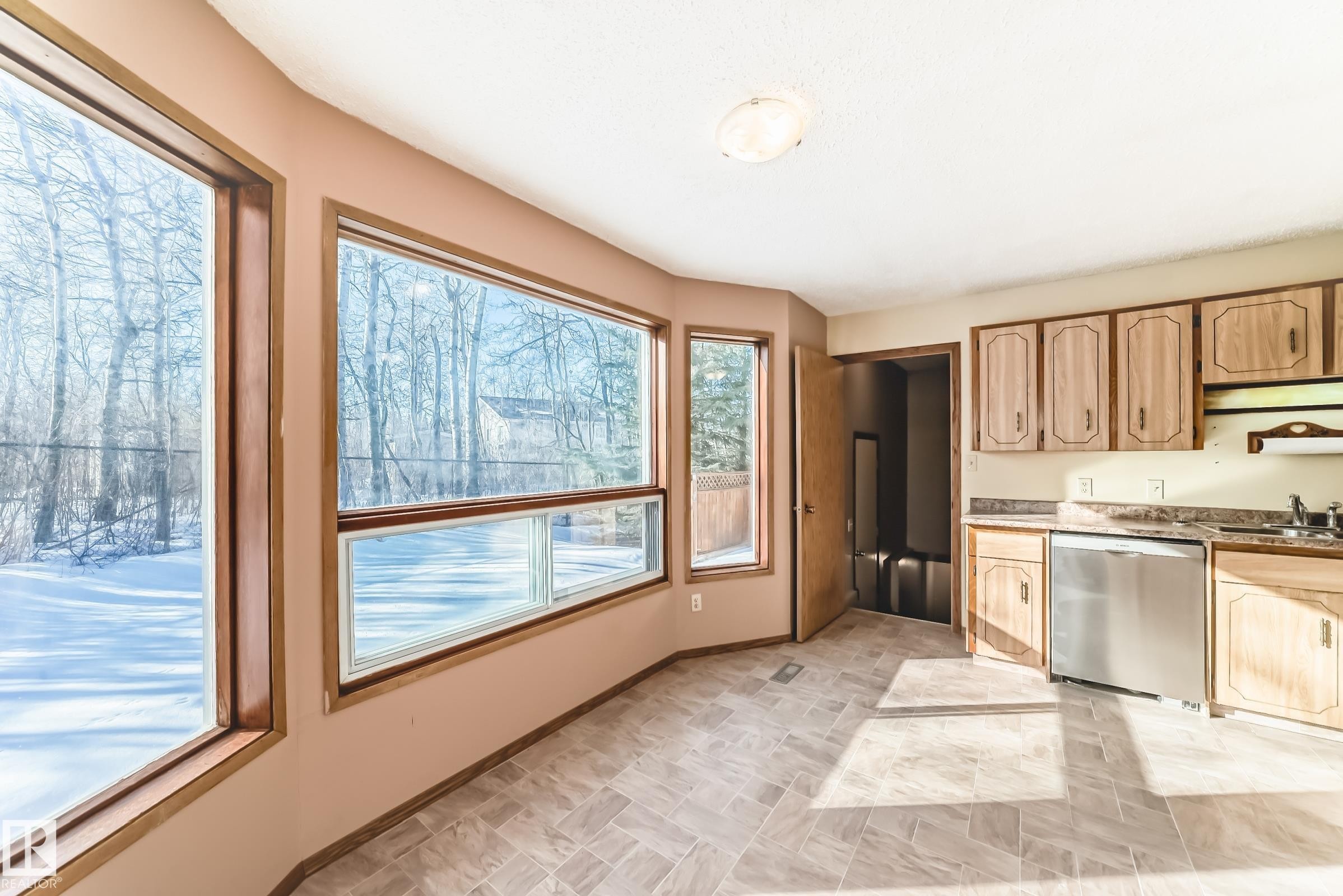 The property features a kitchen area with wood cabinetry, a stainless steel dishwasher, and a sink with a faucet - 100 23016 Twp Rd 504, Rural Leduc County, AB - Indoor Photo Showing Kitchen