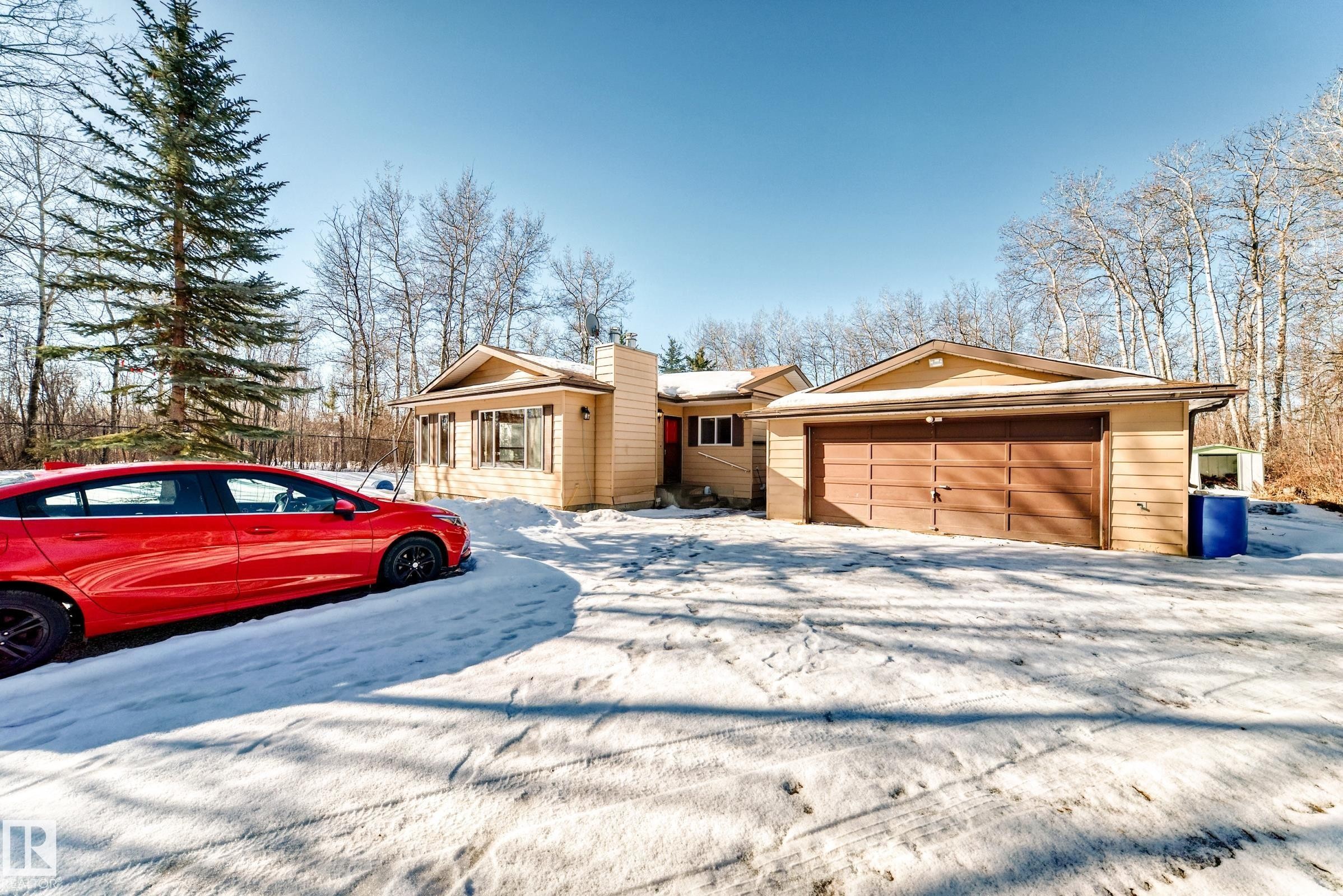 The property features a detached garage with a brown garage door, and a light-colored exterior, surrounded by bare deciduous trees and a tall evergreen tree - 100 23016 Twp Rd 504, Rural Leduc County, AB - Outdoor