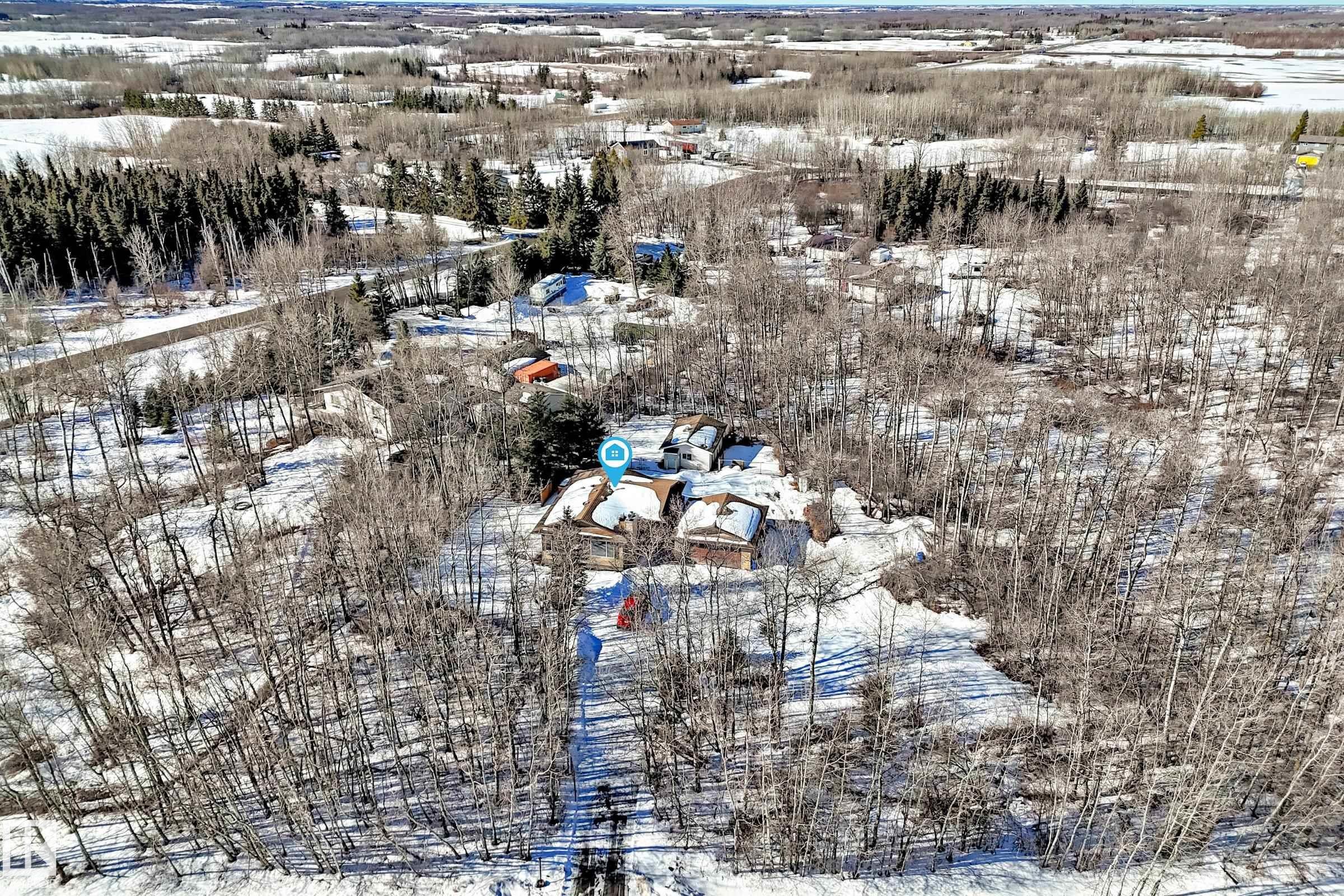 Aerial view of the property, set amongst a landscape with extensive trees and snow-covered ground - 100 23016 Twp Rd 504, Rural Leduc County, AB - Outdoor With View