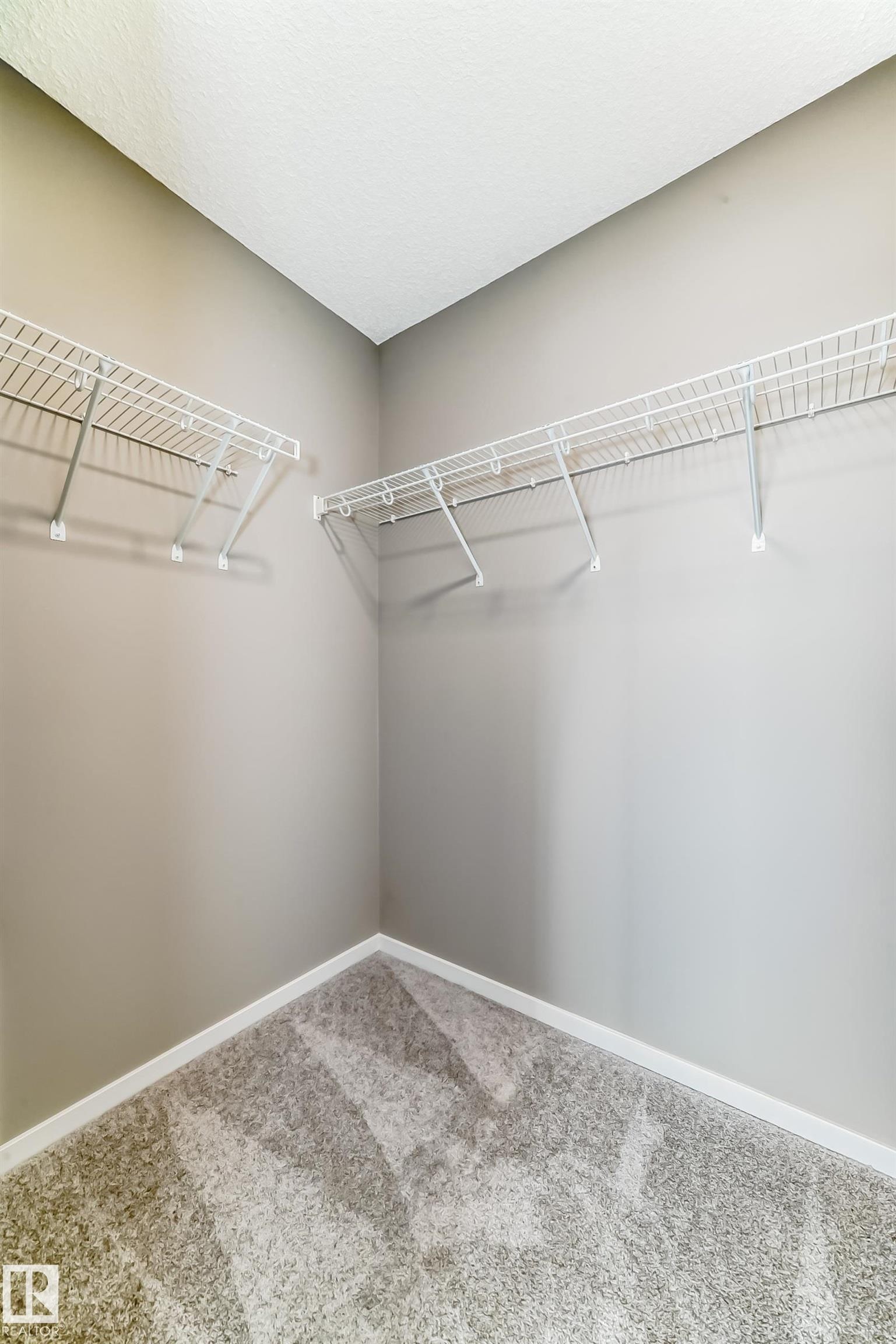 Closet space featuring wire shelving systems, neutral-toned walls, and patterned carpeting - 20415 16 Avenue, Edmonton, AB