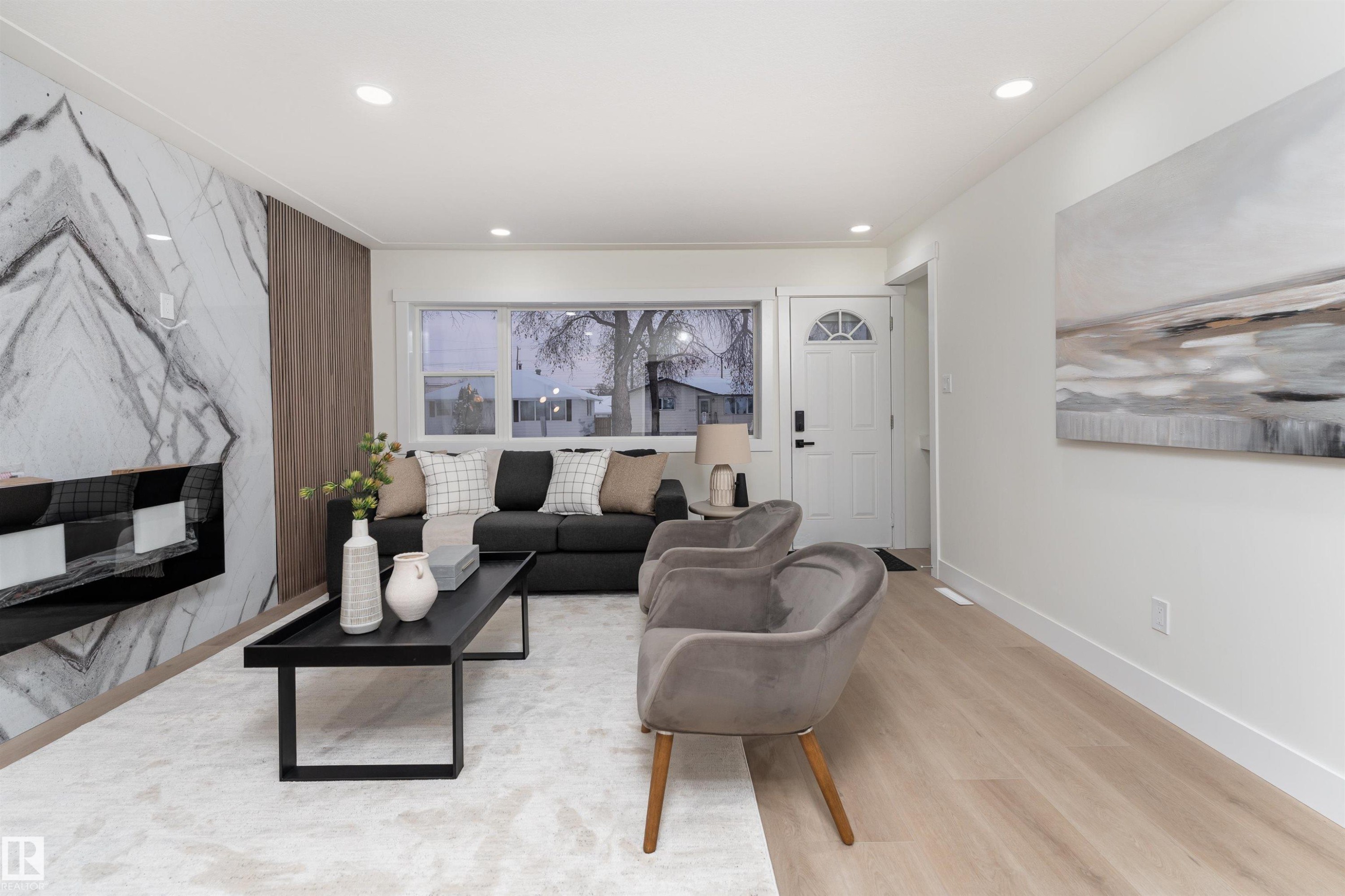 12220 51 Street, Edmonton, AB - Indoor Photo Showing Living Room With Fireplace