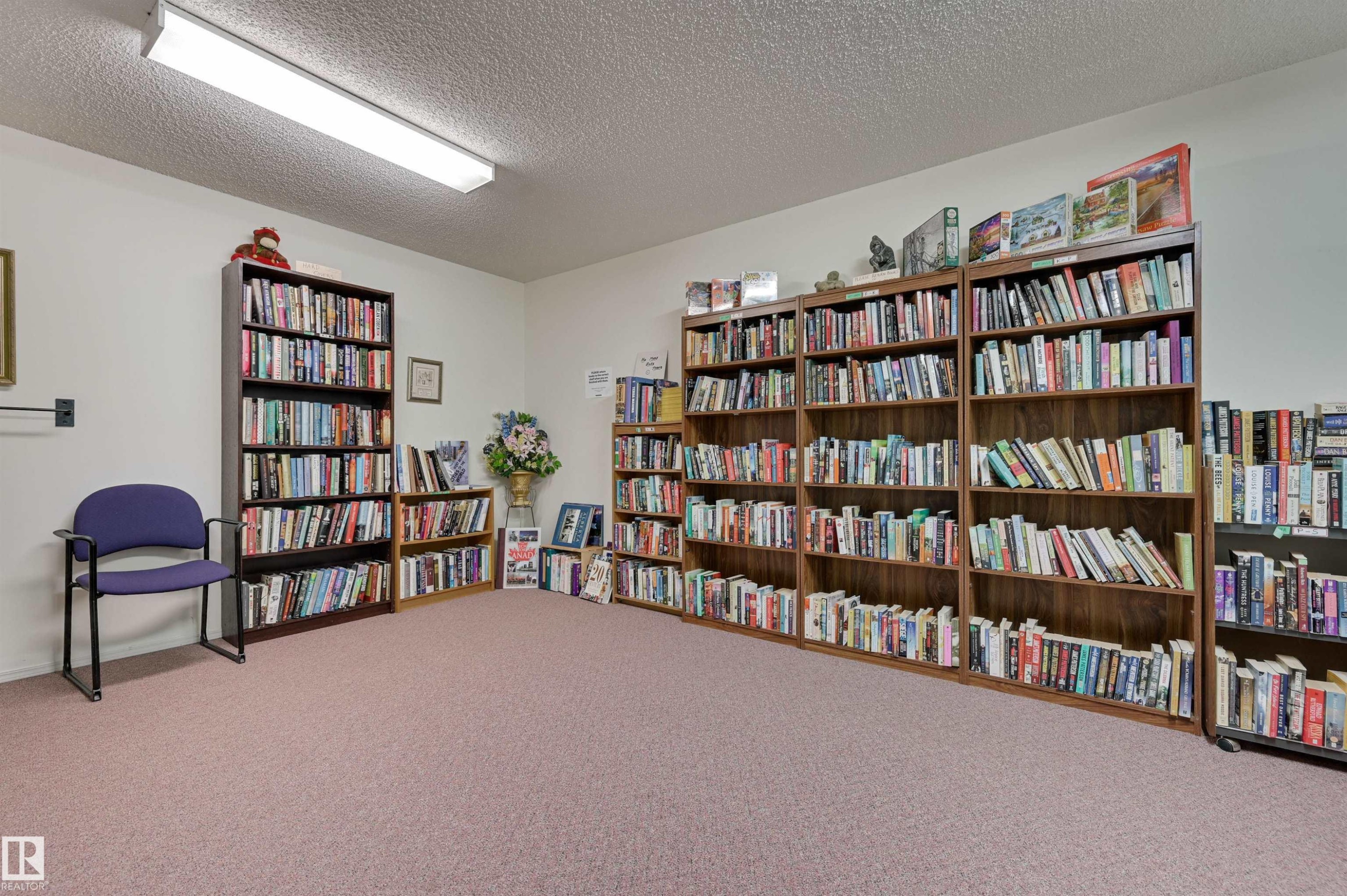 This library area features extensive shelving filled with books, a purple chair, and carpeted flooring - 304 17151 94A Avenue, Edmonton, AB - Indoor Photo Showing Other Room