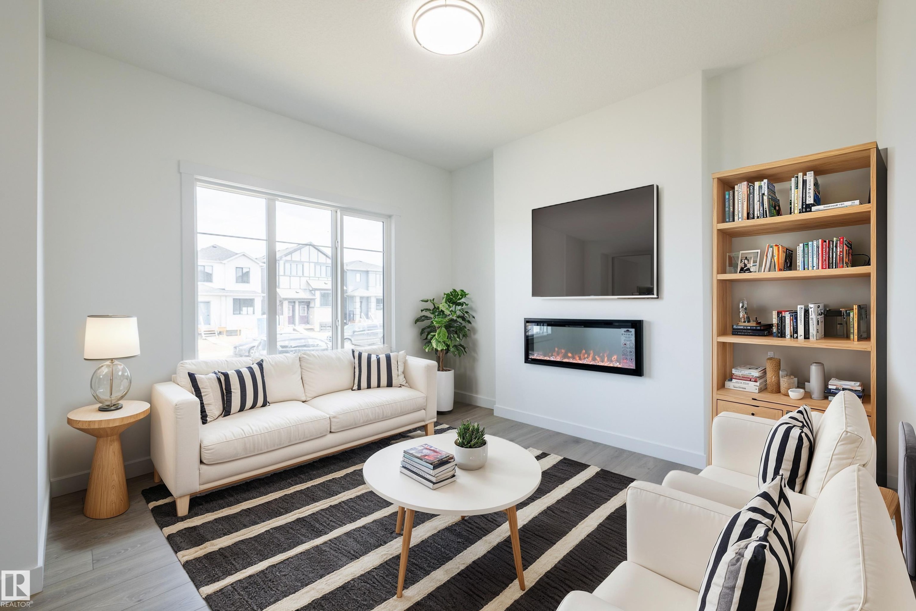 600 Ashgrove Circle, Leduc, AB - Indoor Photo Showing Living Room With Fireplace